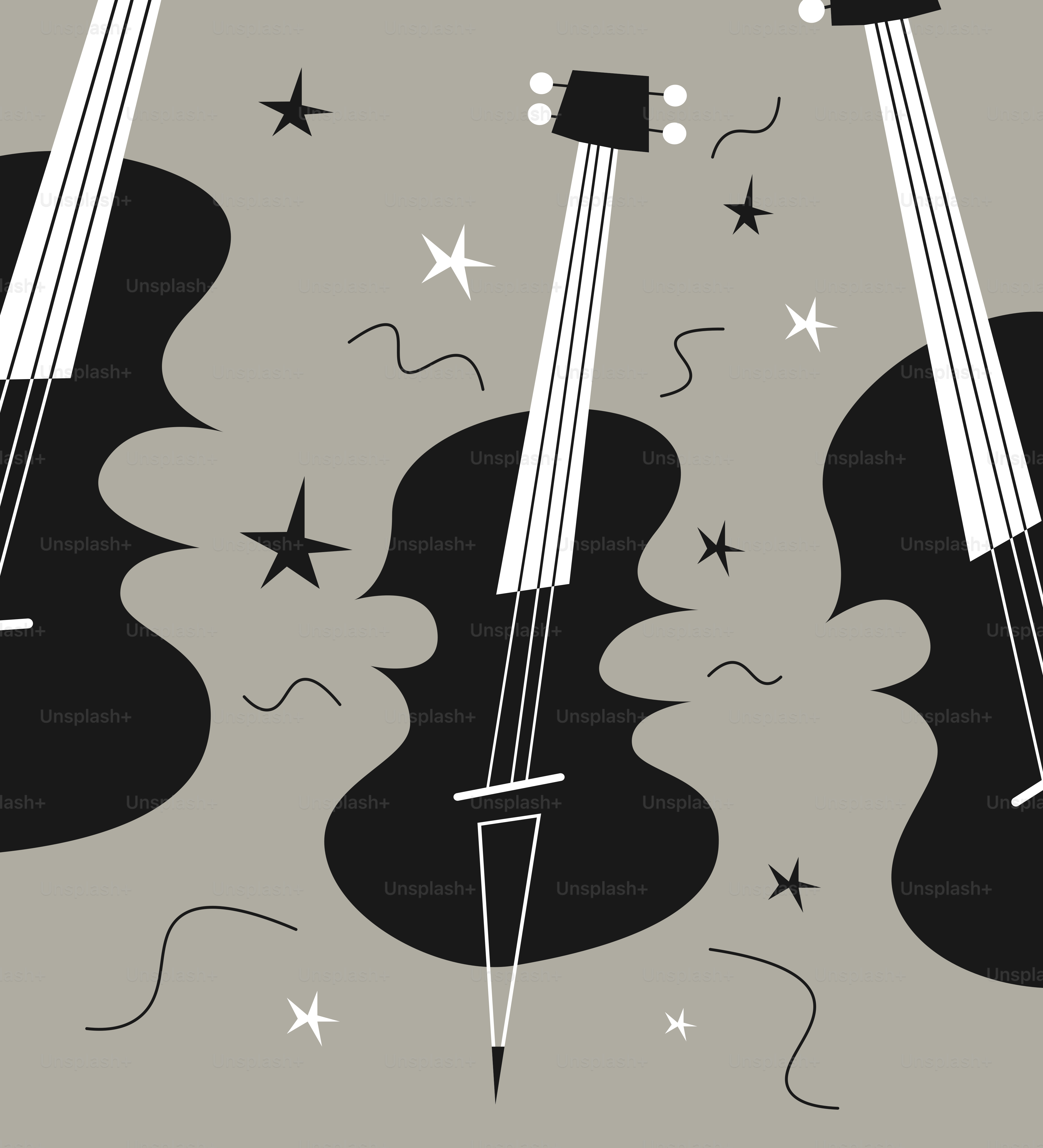Three stylized black cellos with musical notes.