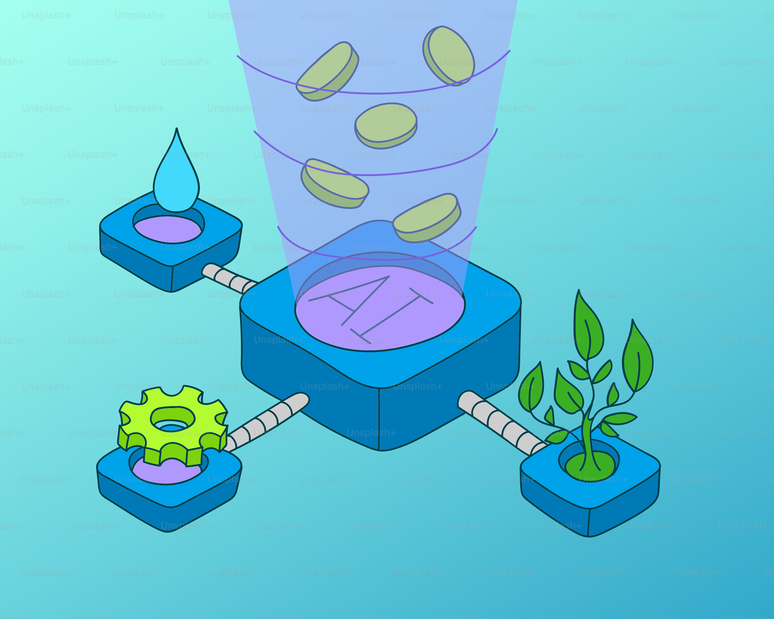 Ai processing water, gears, and plant growth