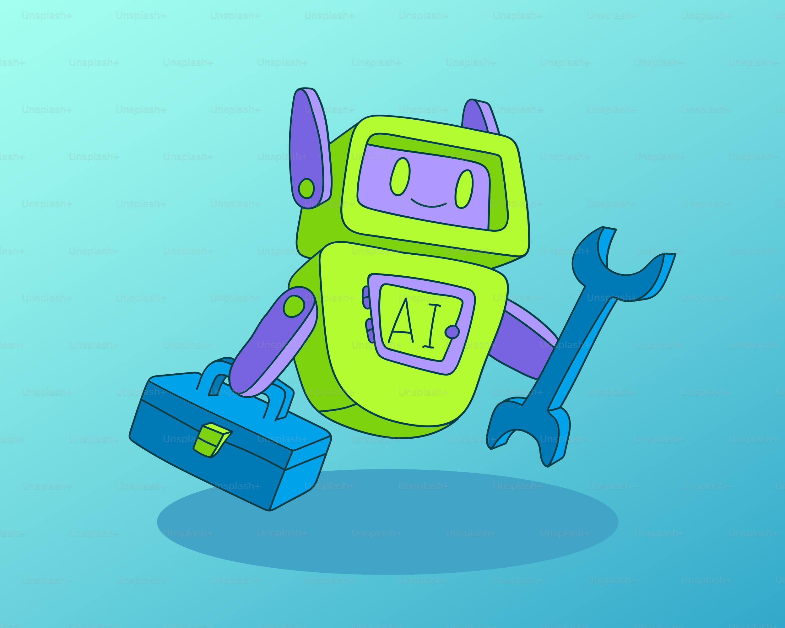 A cartoon robot with ai text holds tools.