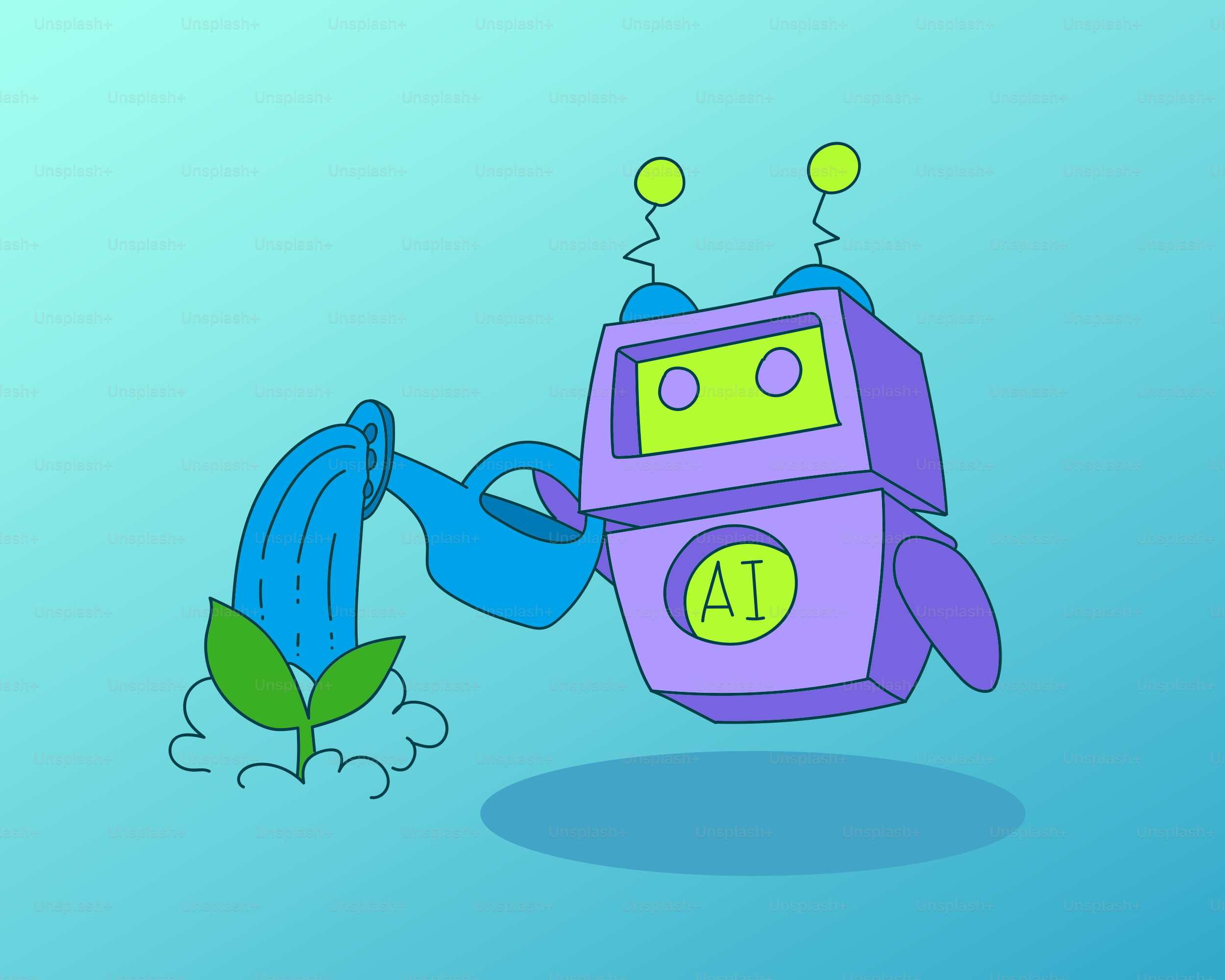 Robot watering a small plant with a watering can.