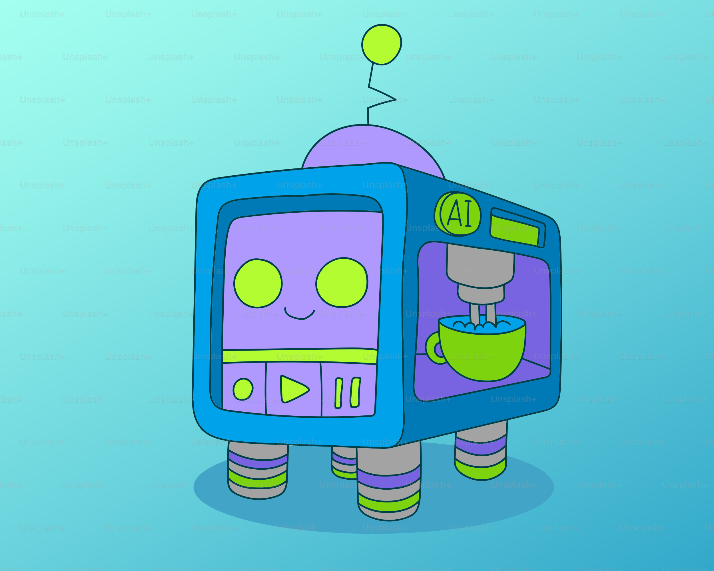 A cute robot making coffee on a blue background