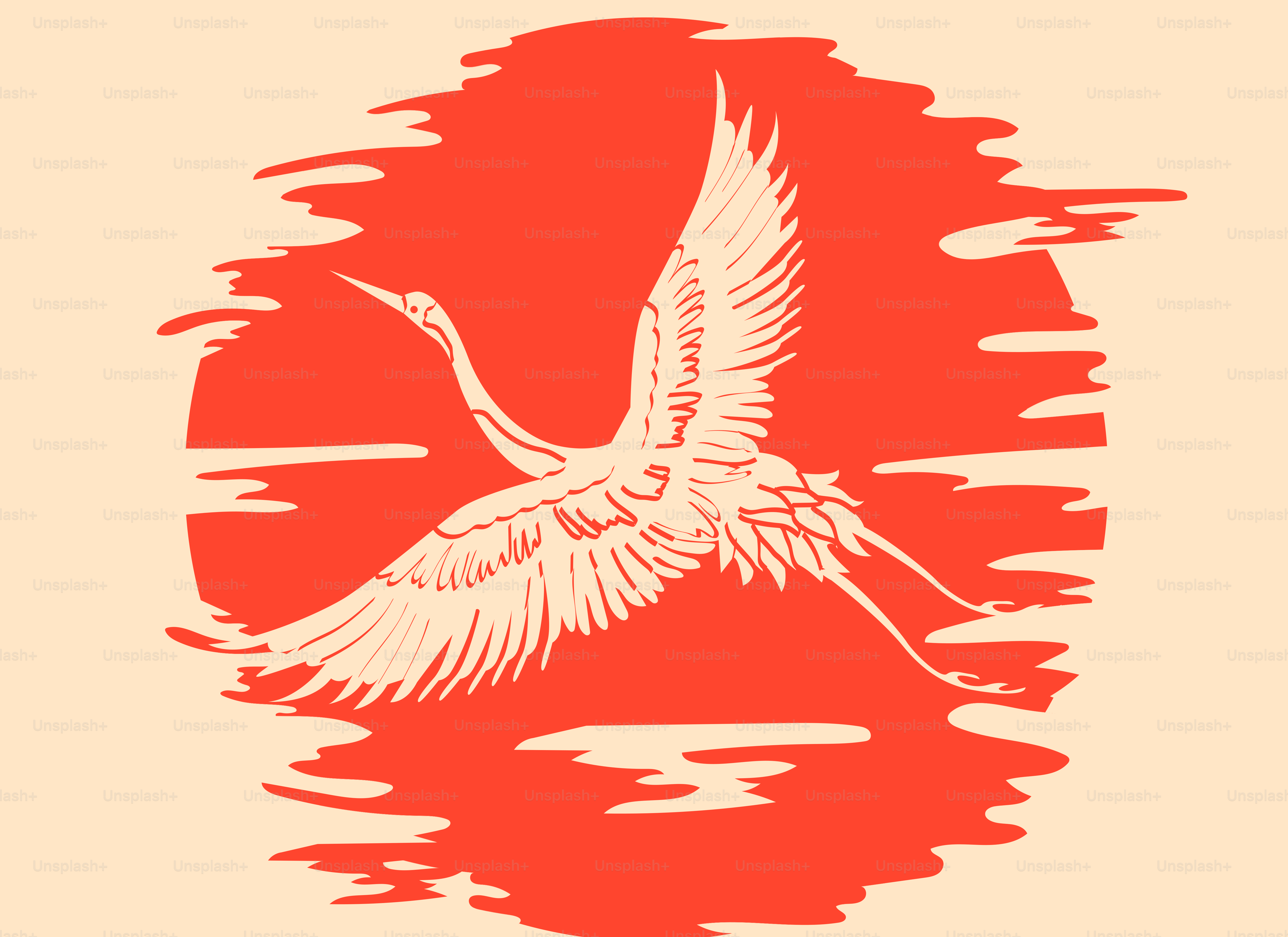 A crane flying in front of a red sun.