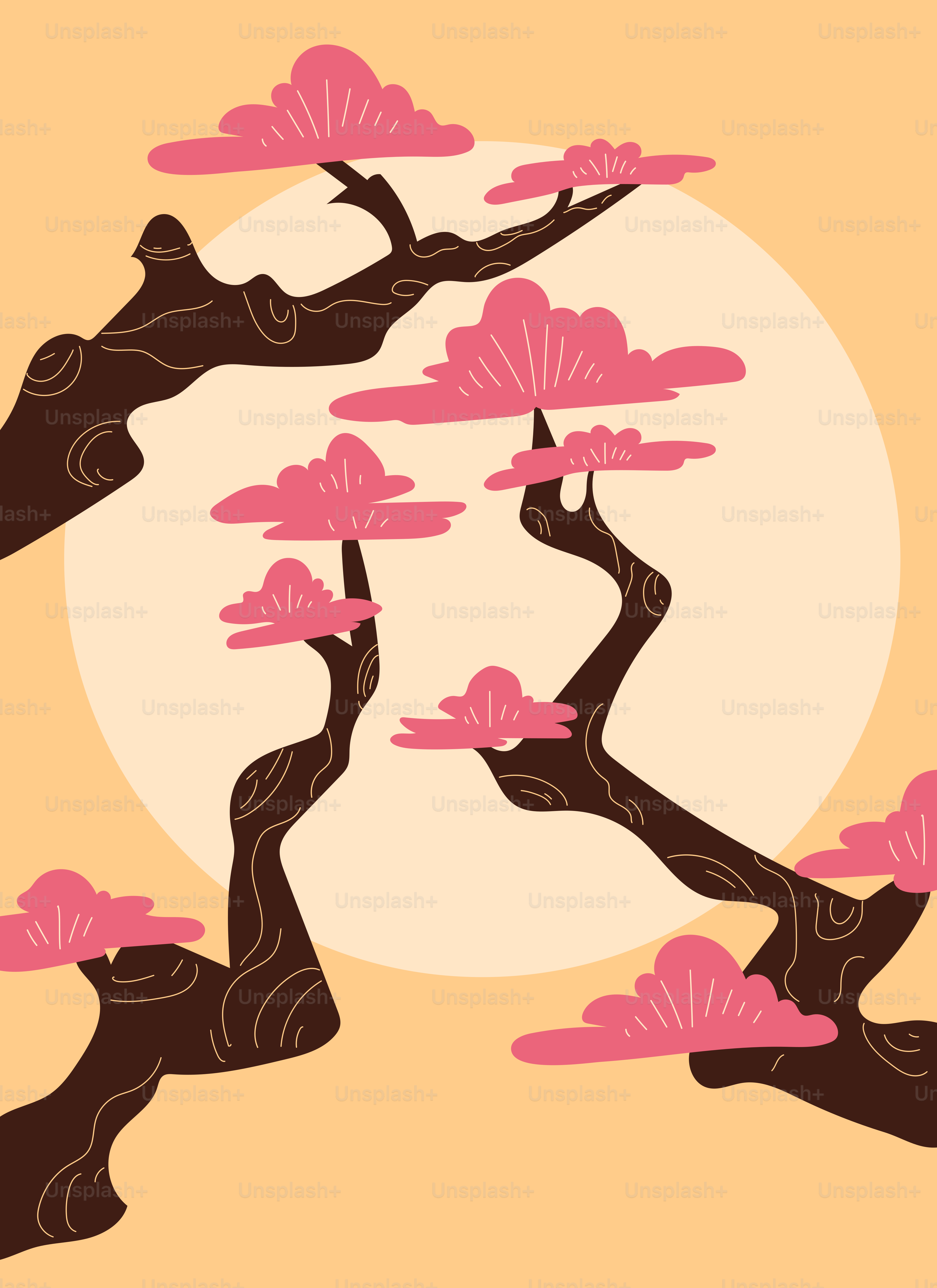 Branches brunes stylisées avec des nuages roses sur un orange pâle