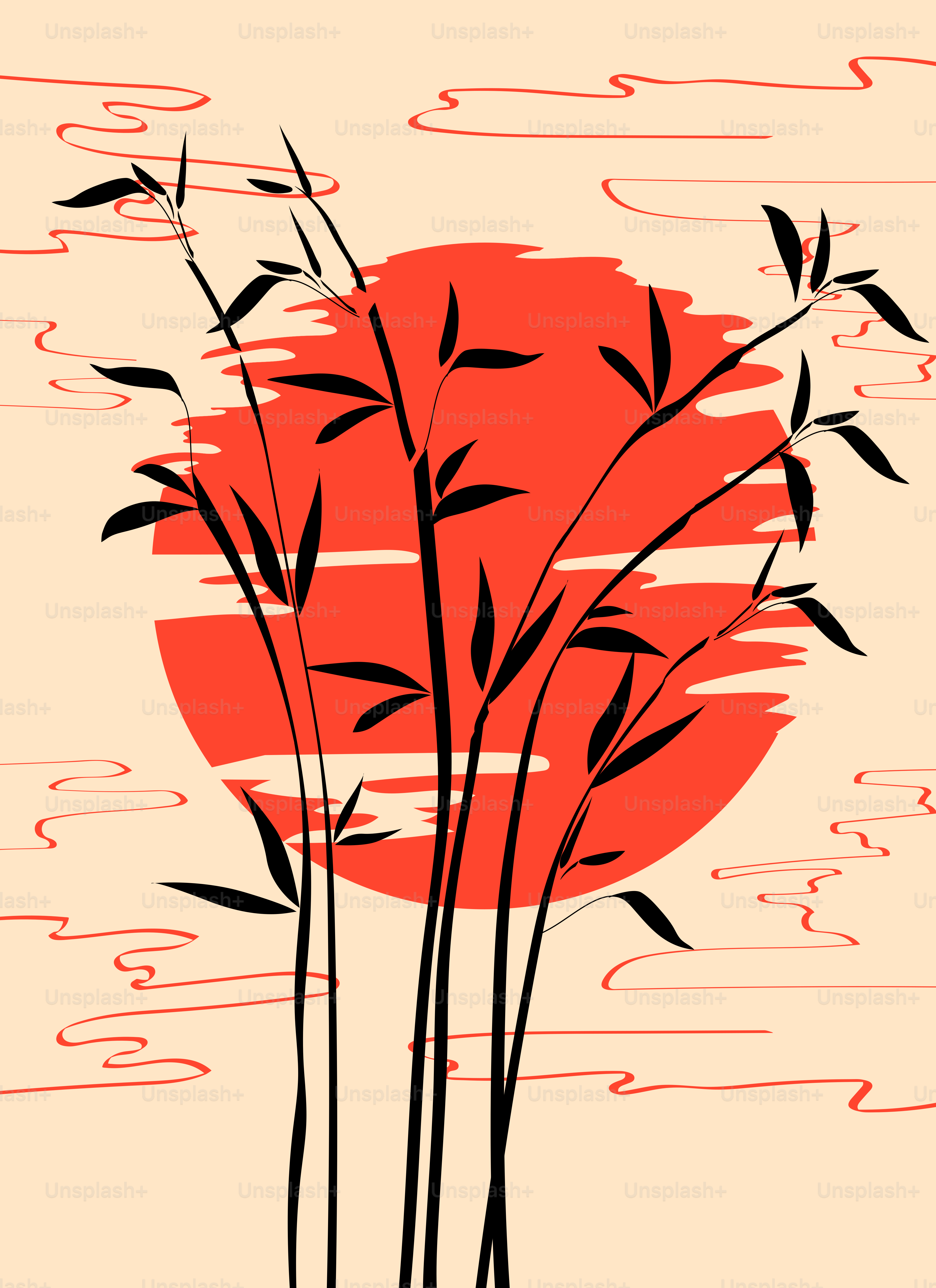 Black bamboo stalks in front of a red sun.