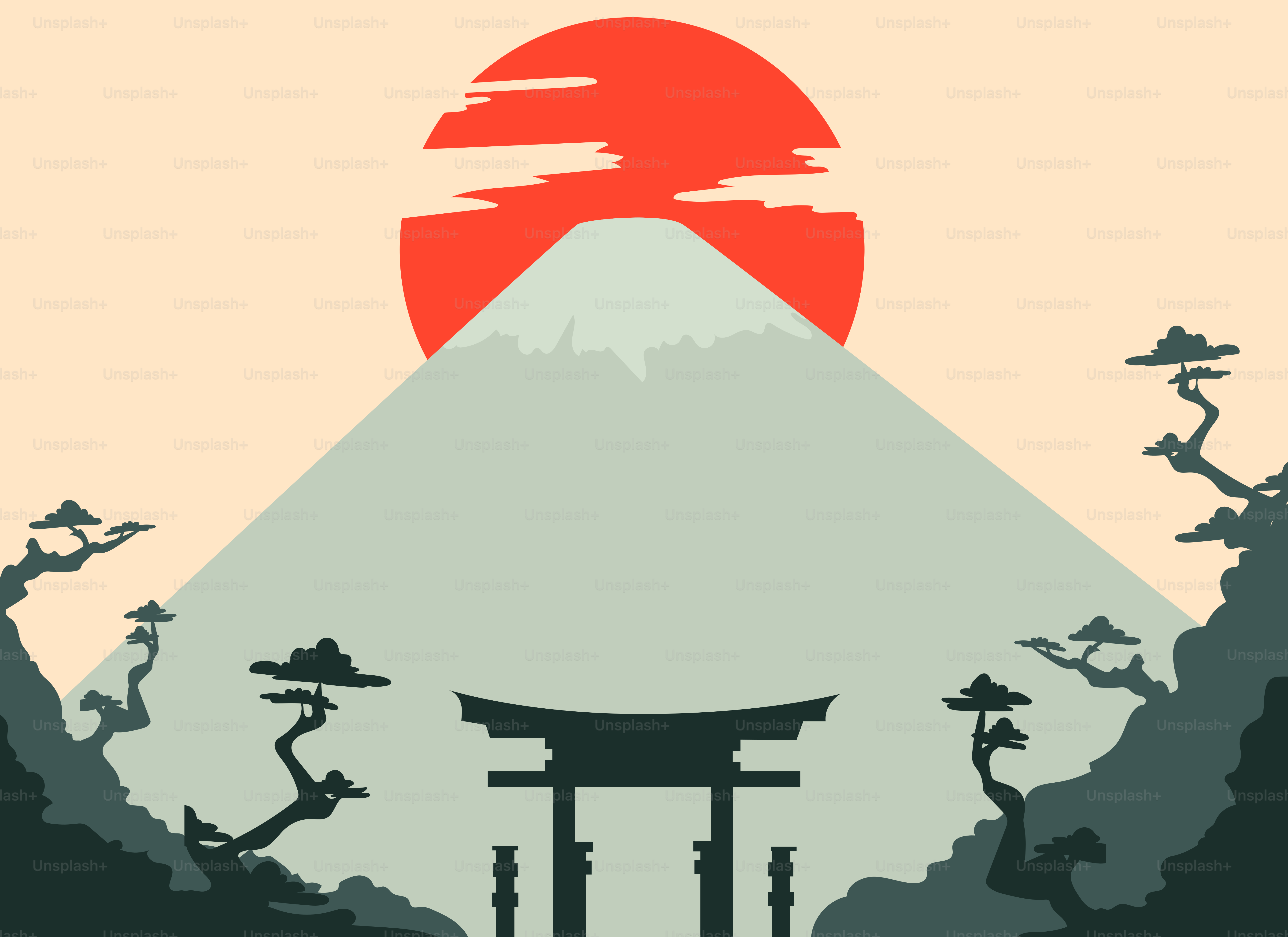 Mount fuji with red sun and torii gate