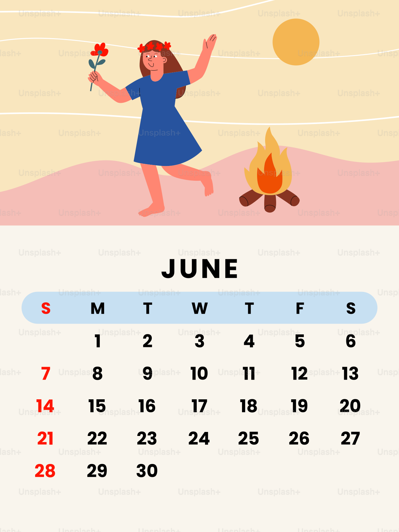 6月、焚き火のそばで花と踊る女性