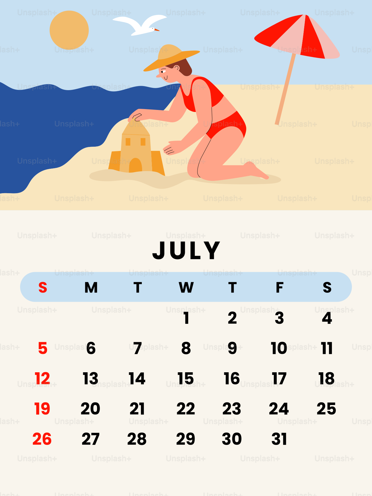 Woman building sandcastle on beach with july calendar