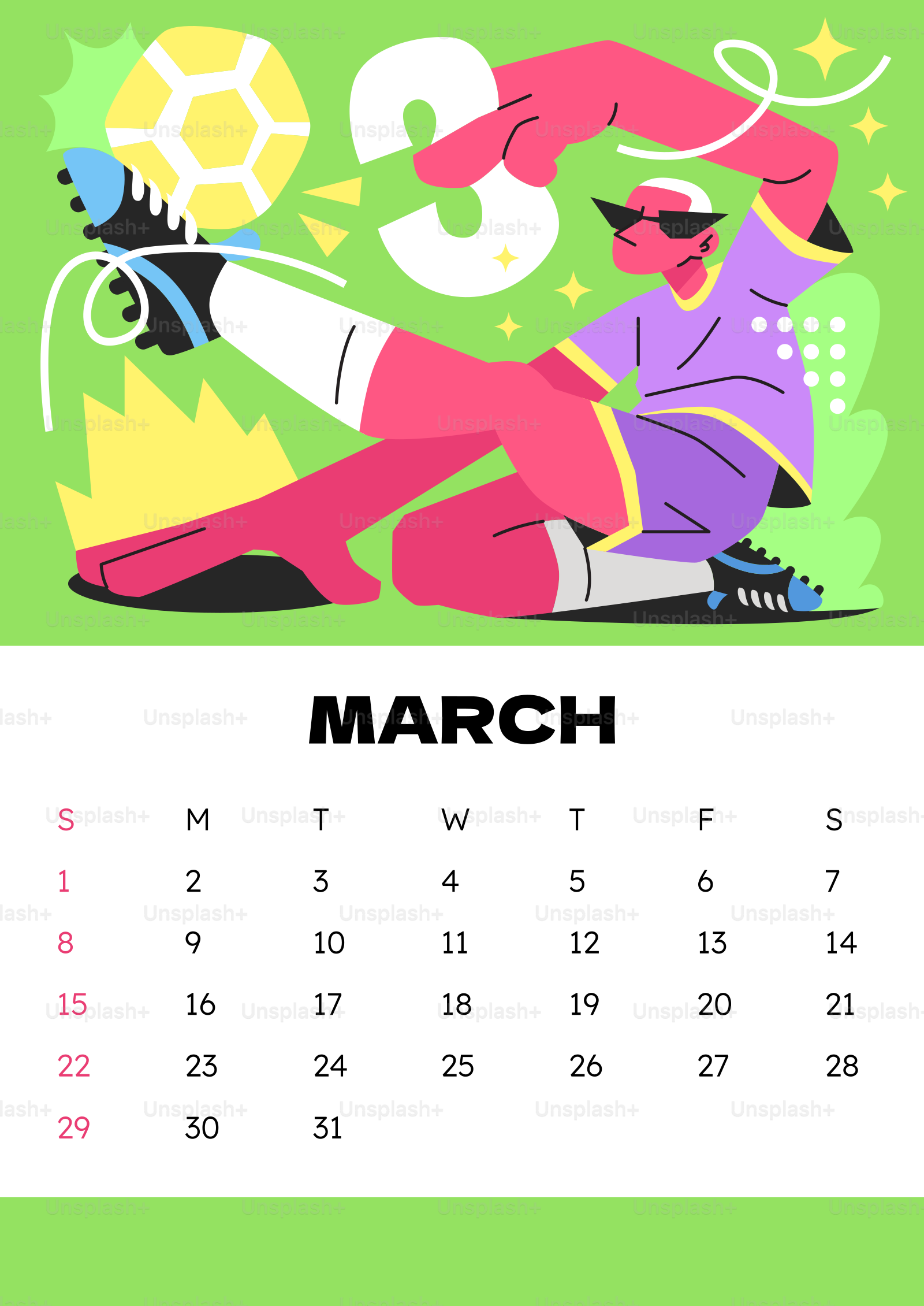 Joueur de football stylisé avec une page calendrier de mars.