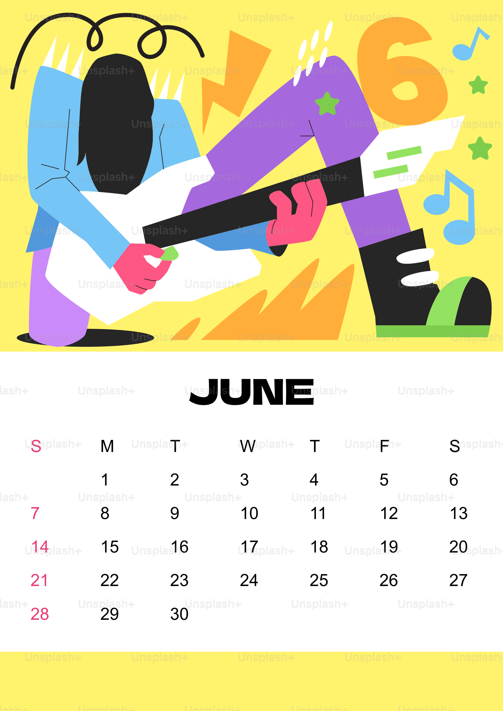 Desenho animado de uma pessoa tocando violão com calendário de junho.