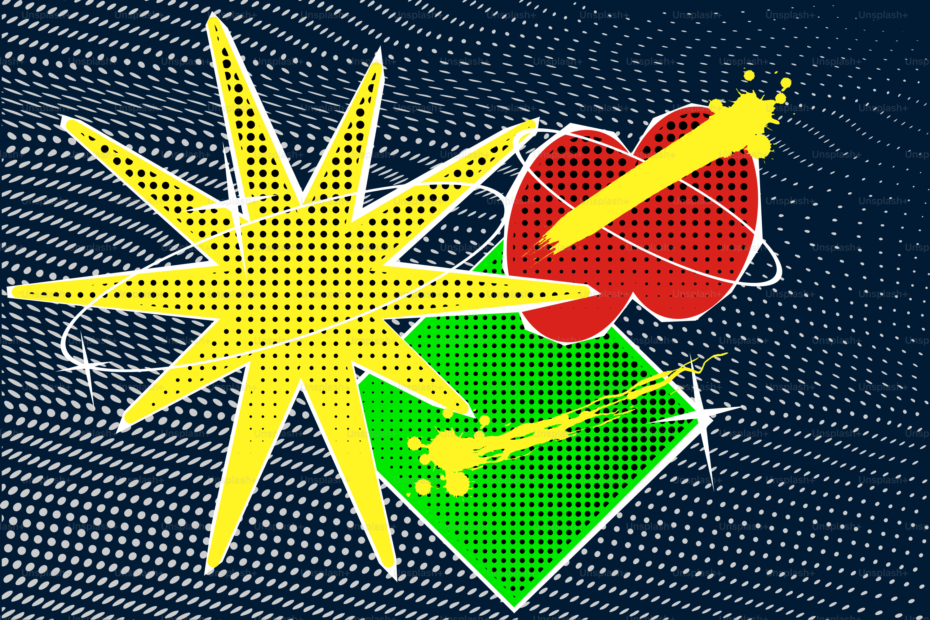 Abstract colorful shapes with starburst and splatter effects