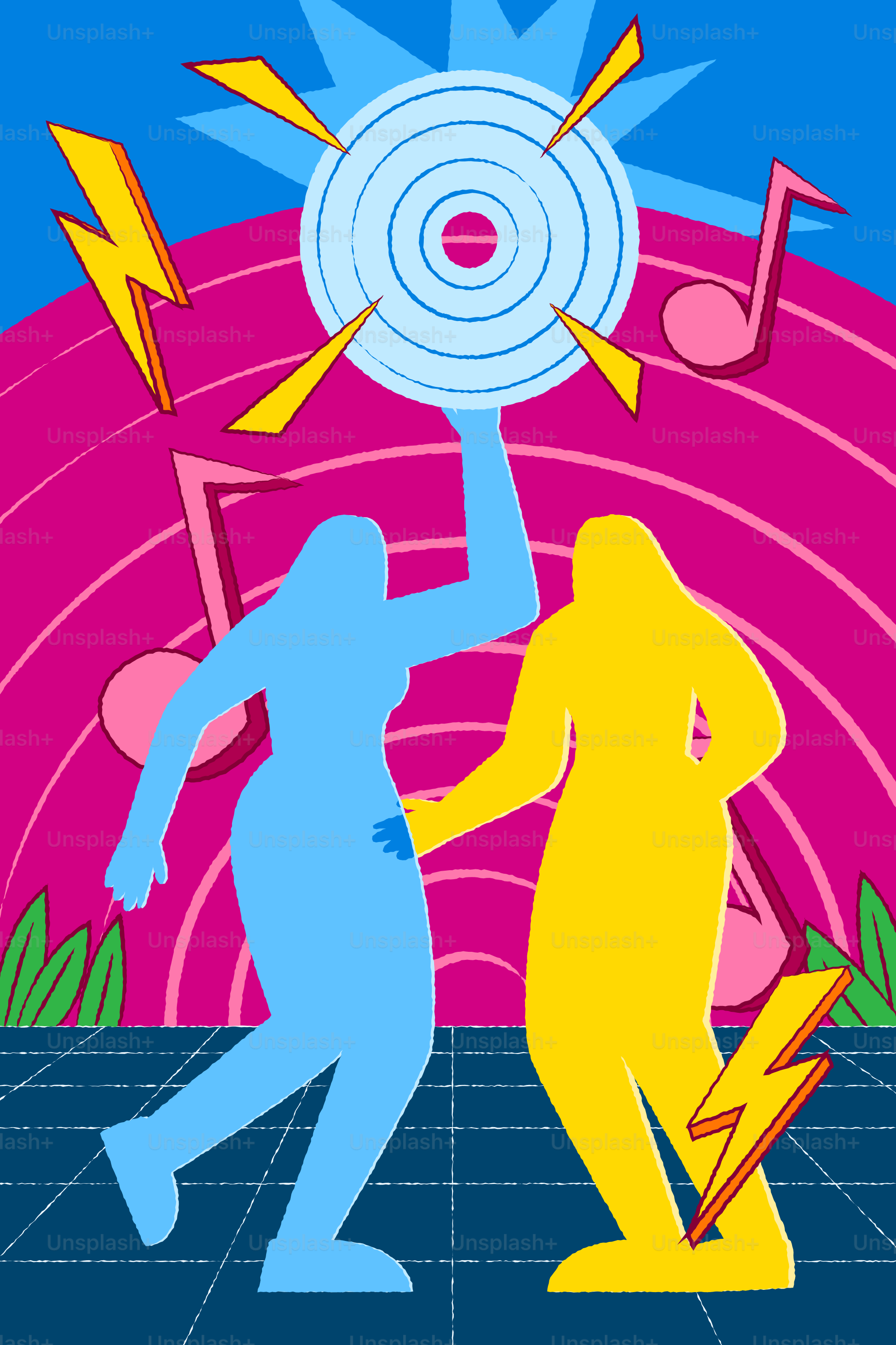 Two people dancing with music notes and lightning bolts.