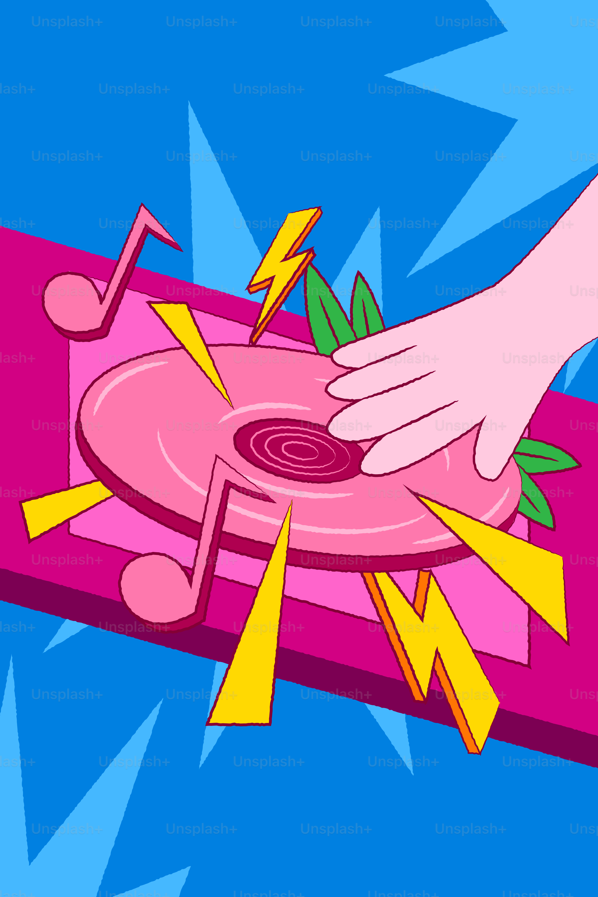 Suono a mano un disco rosa con note musicali.