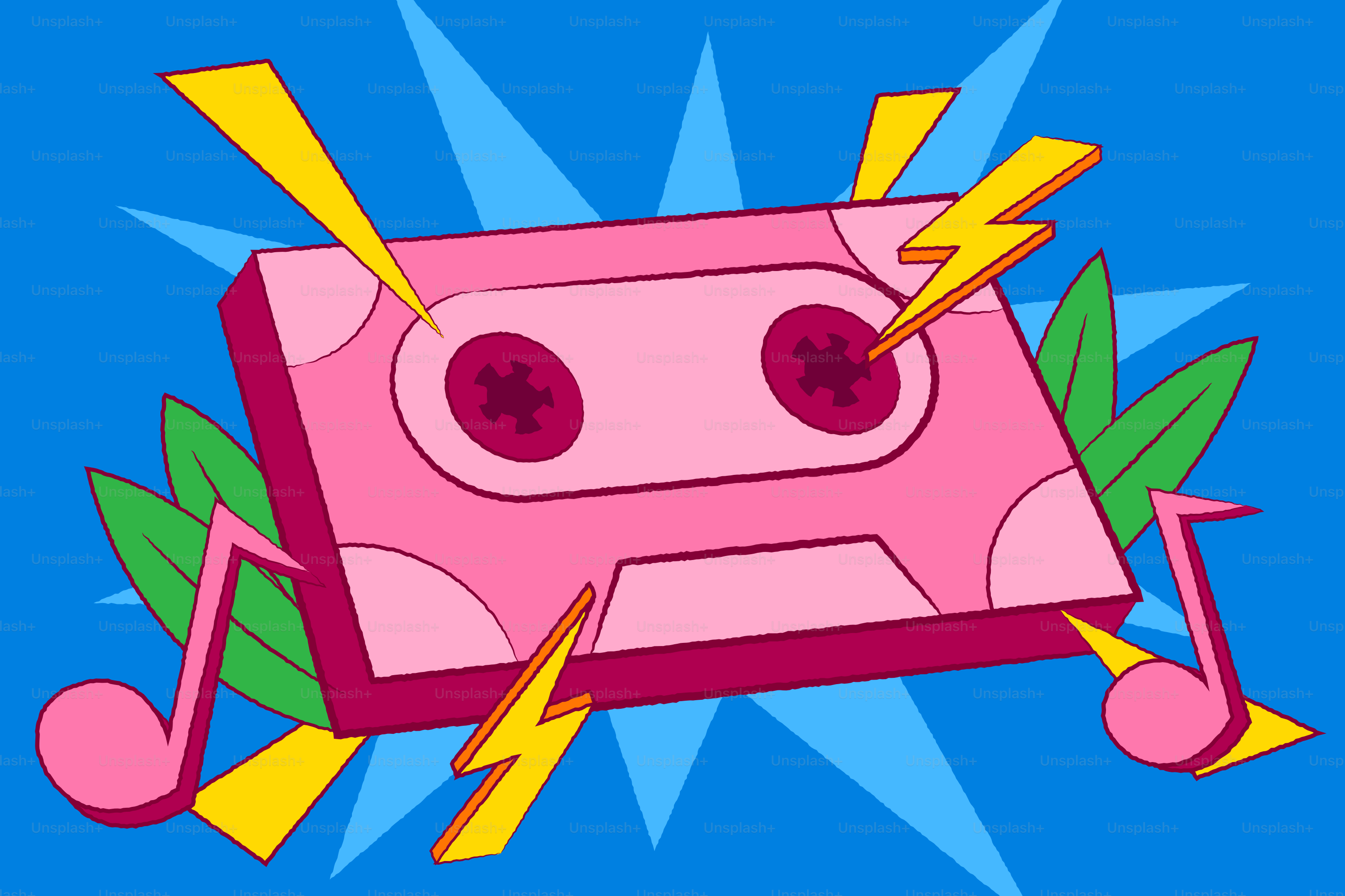 Pink cassette tape with musical notes and lightning bolts