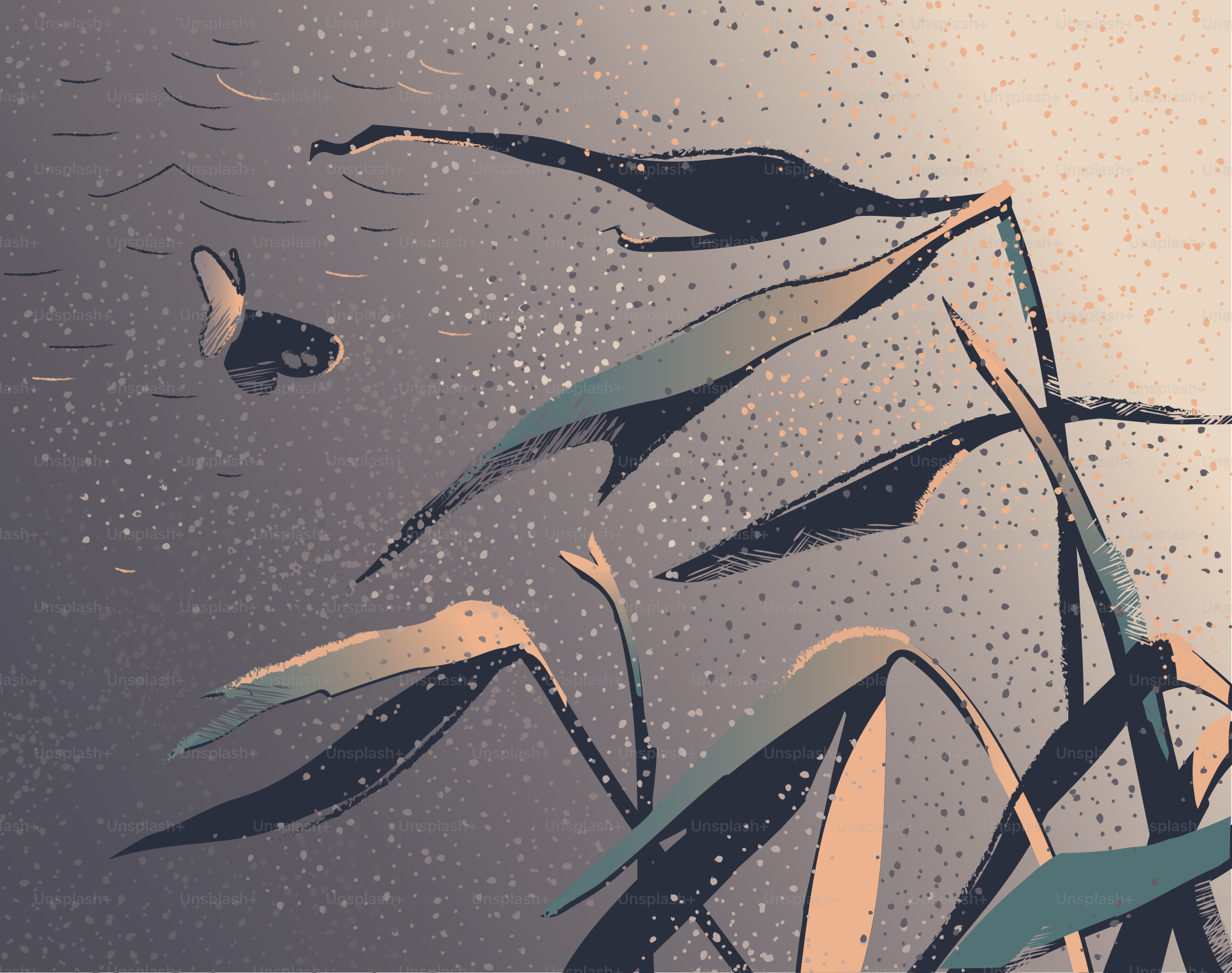 A lone duck swims in misty water near reeds.