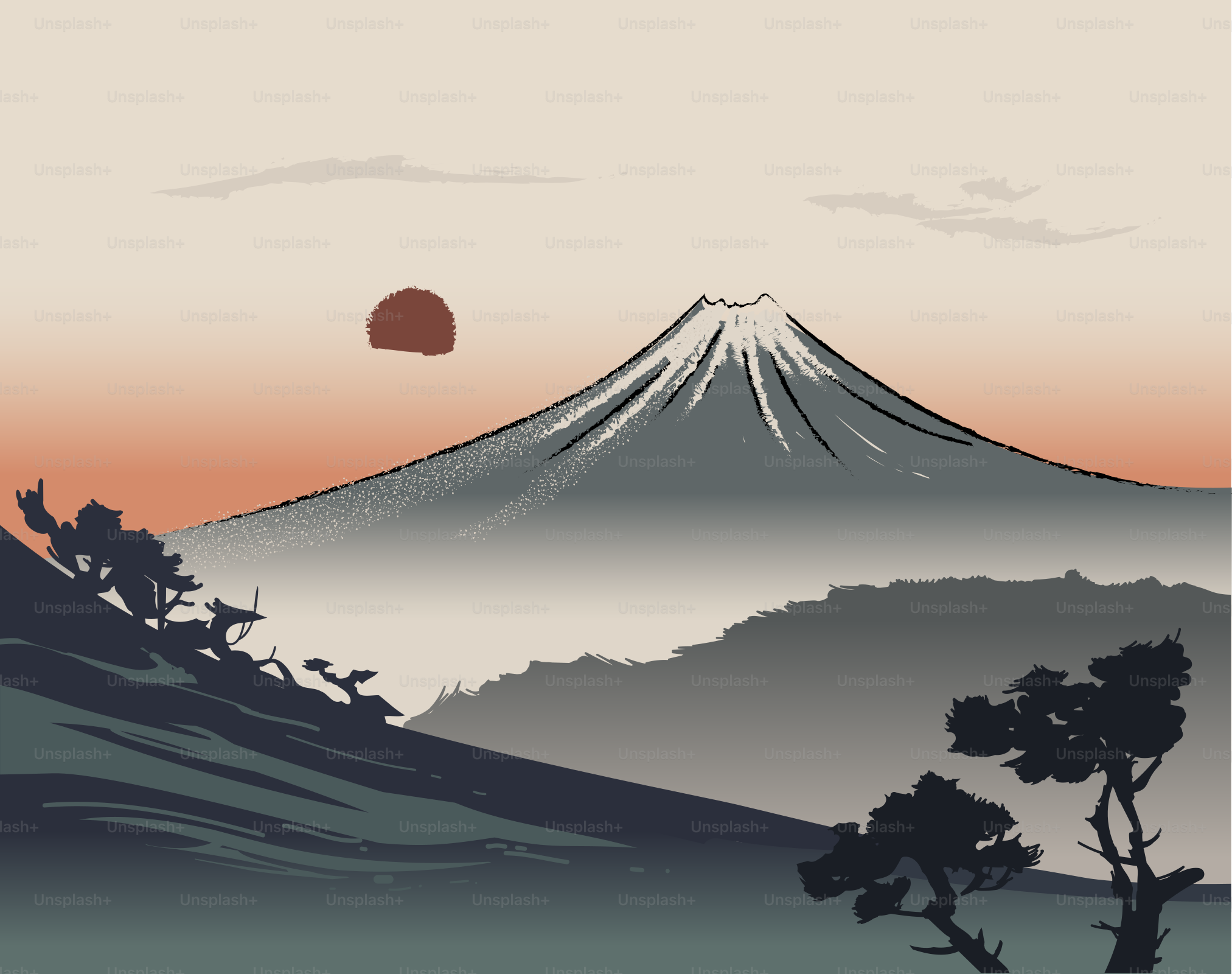 Mount fuji at sunrise with silhouetted trees