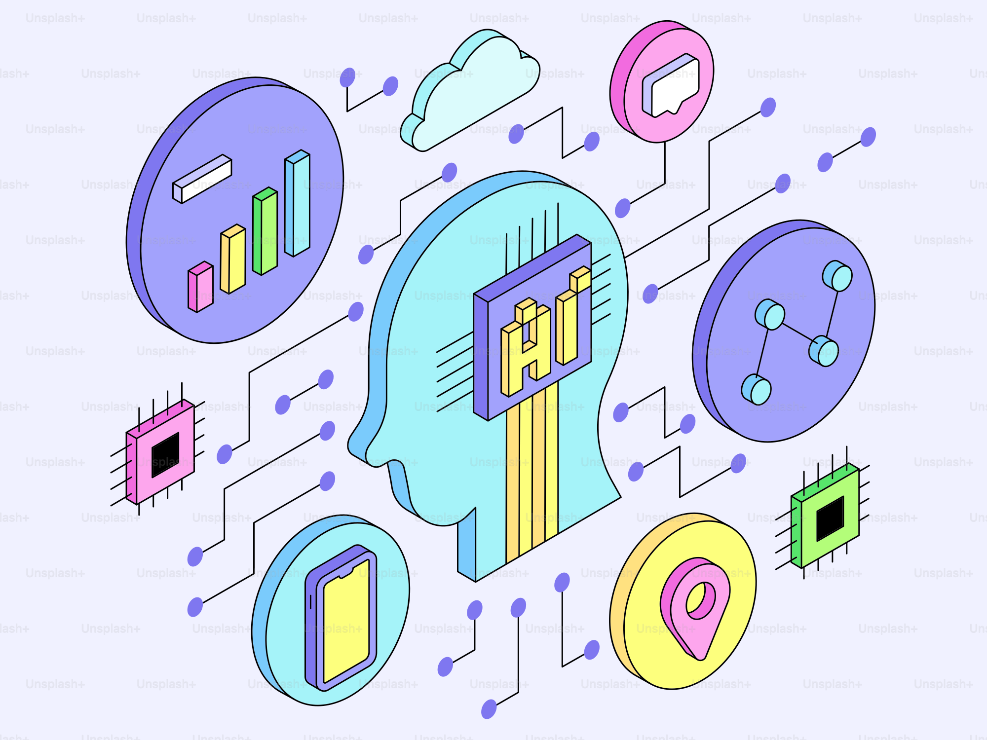 Konzept der künstlichen Intelligenz mit Gehirn- und Datensymbolen.