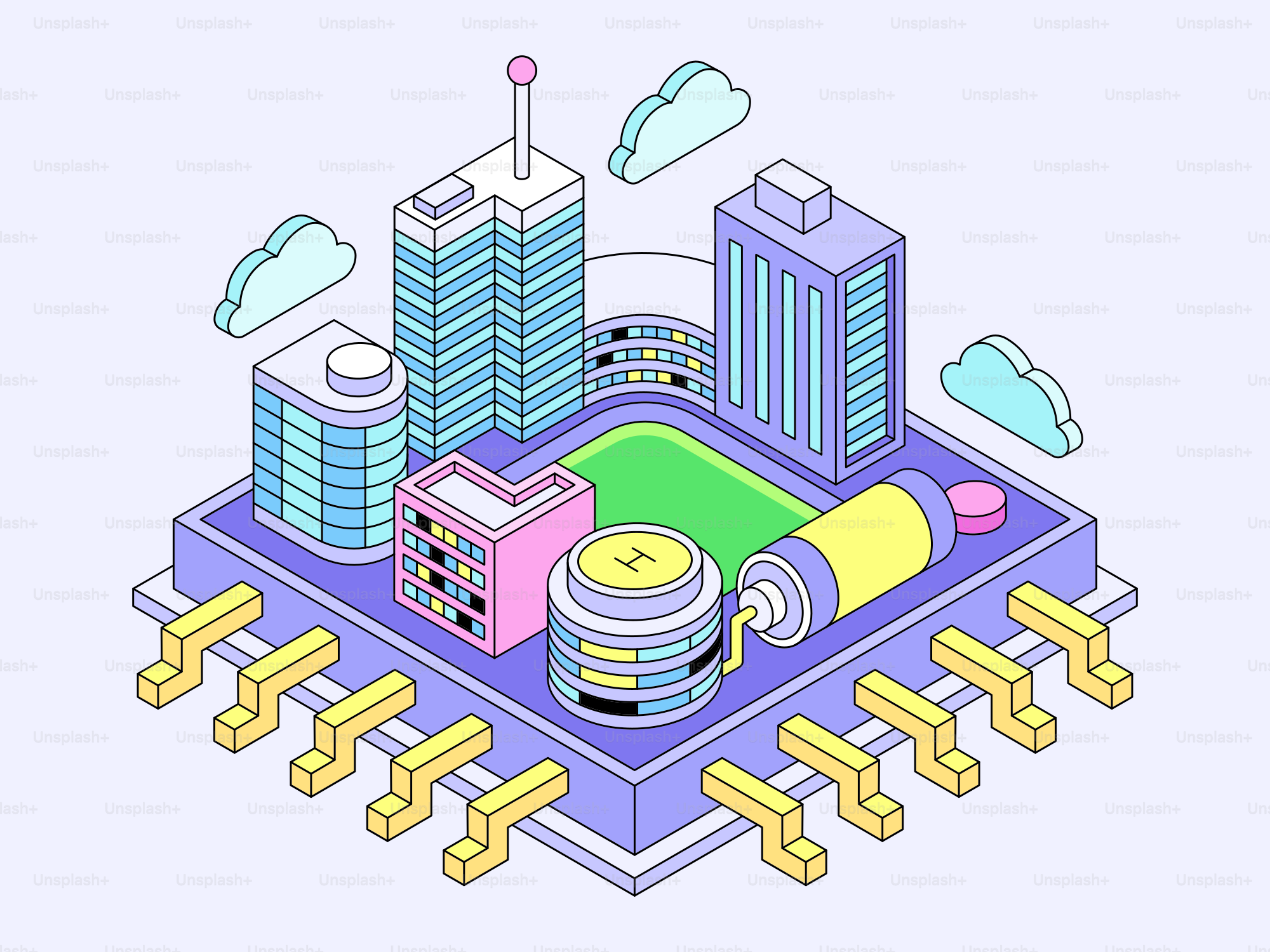 Isometrische Stadtgebäude auf einem Mikrochip
