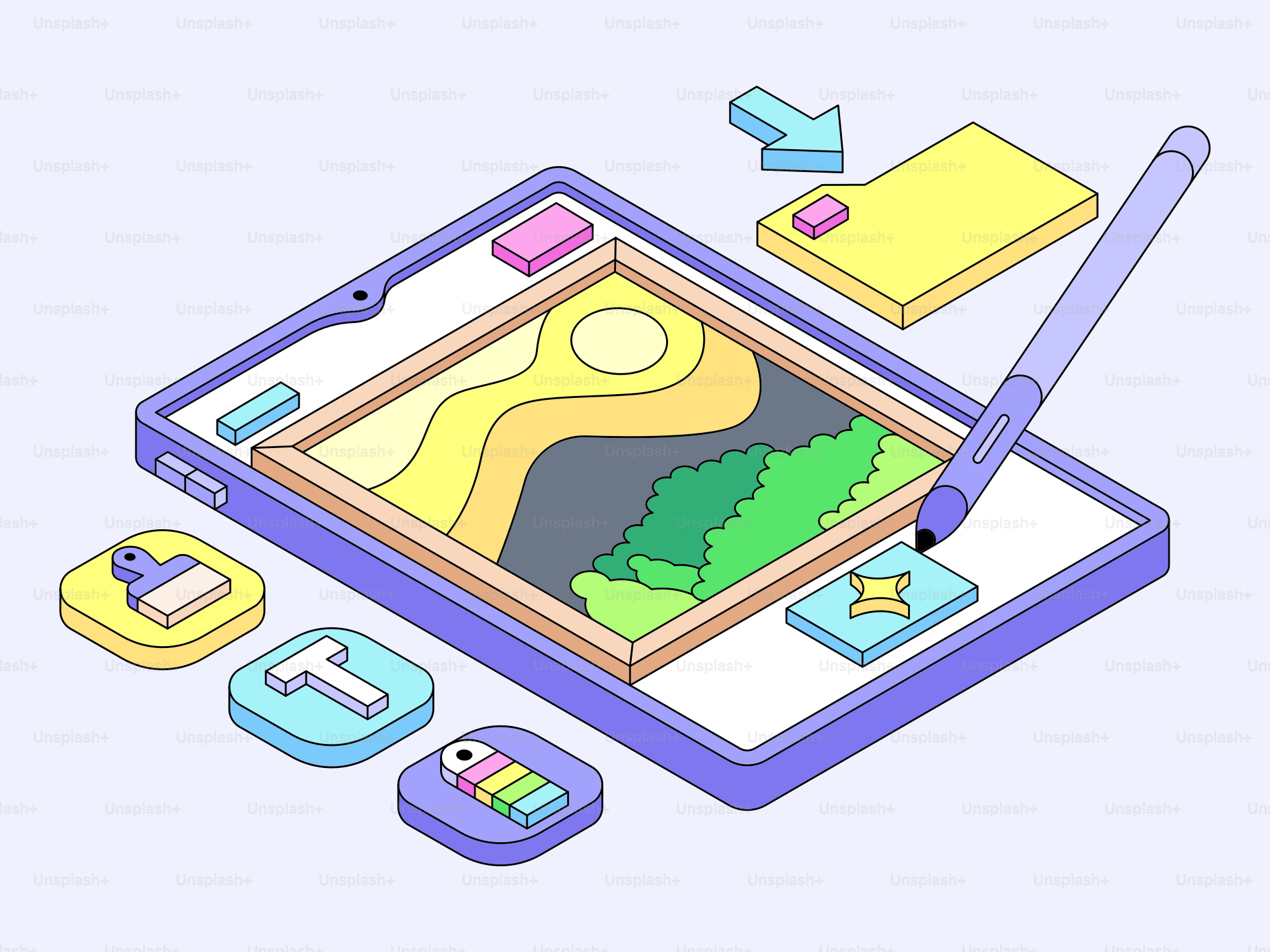 Digitales Tablet mit Stift und Design-Icons