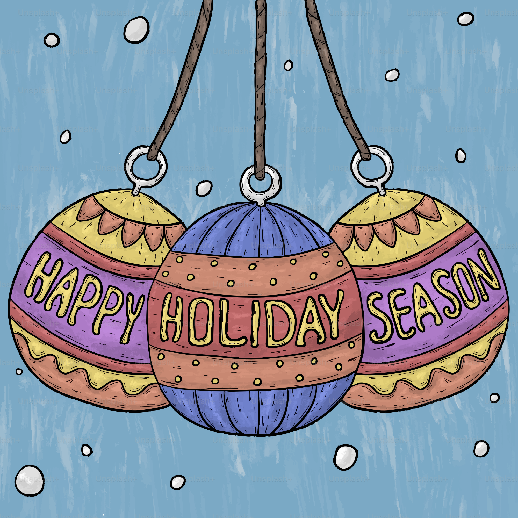 Three holiday ornaments hang against blue background