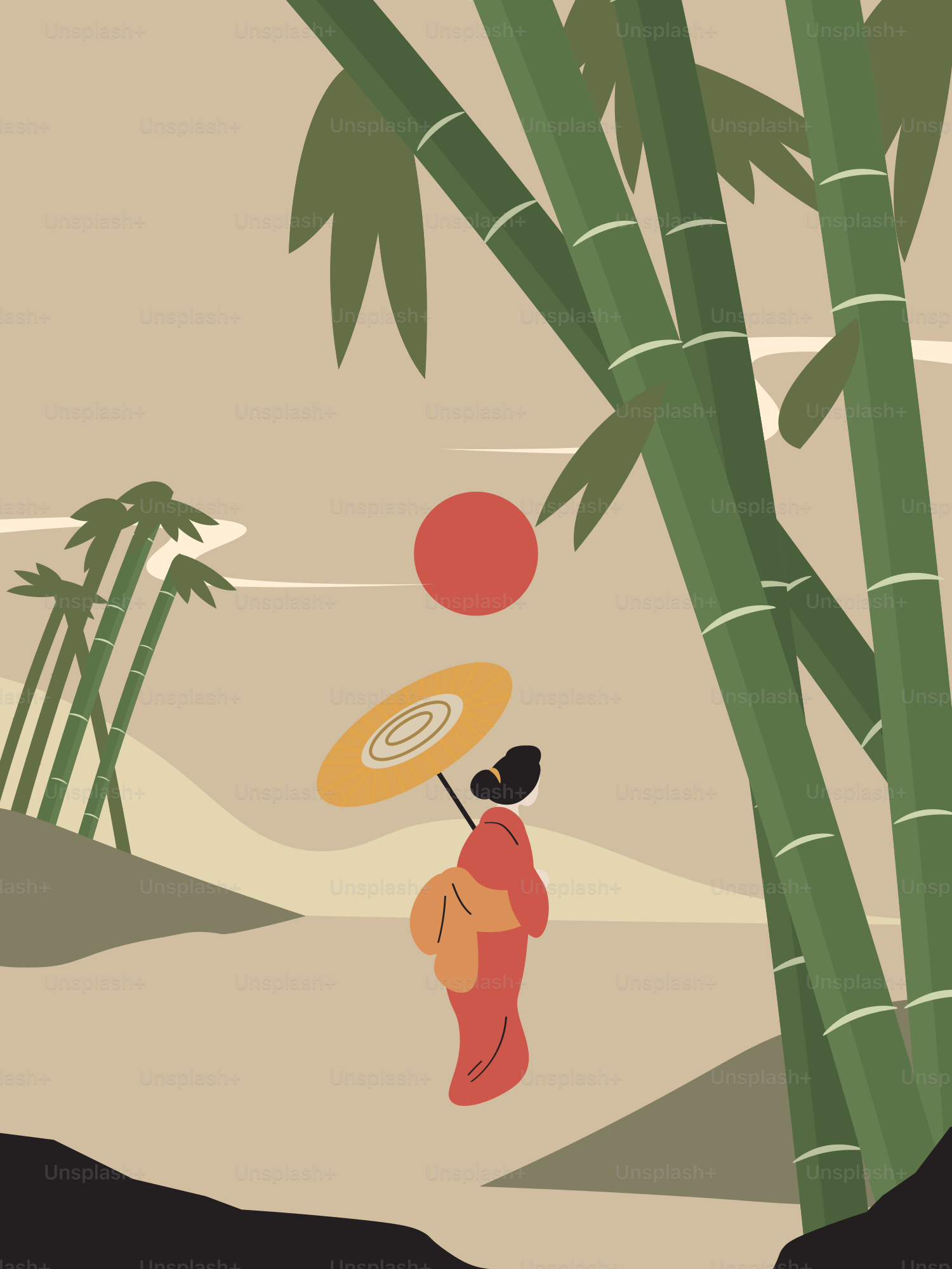 Woman in kimono with umbrella near bamboo