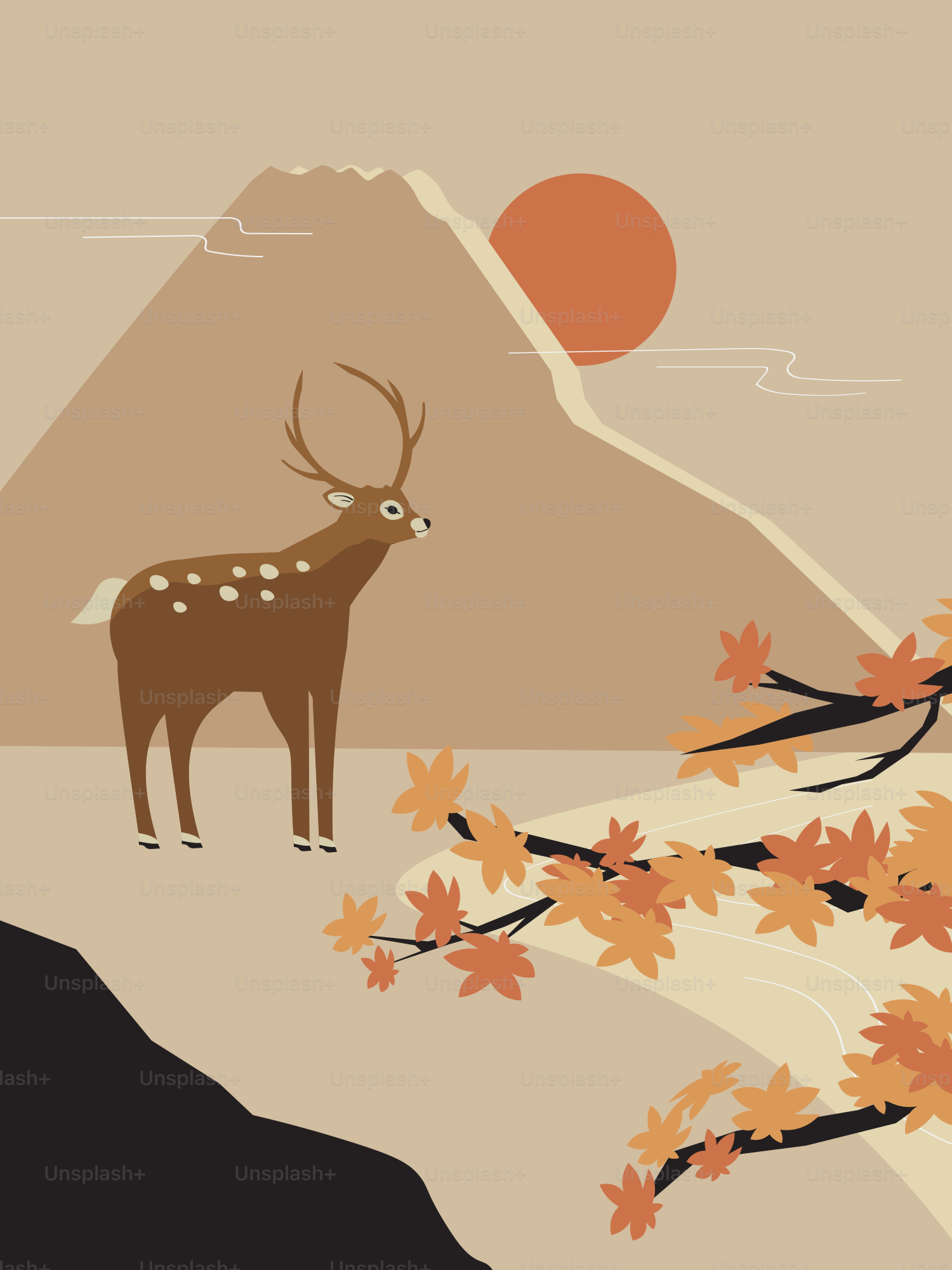 Ciervos con astas cerca de las montañas y hojas de otoño