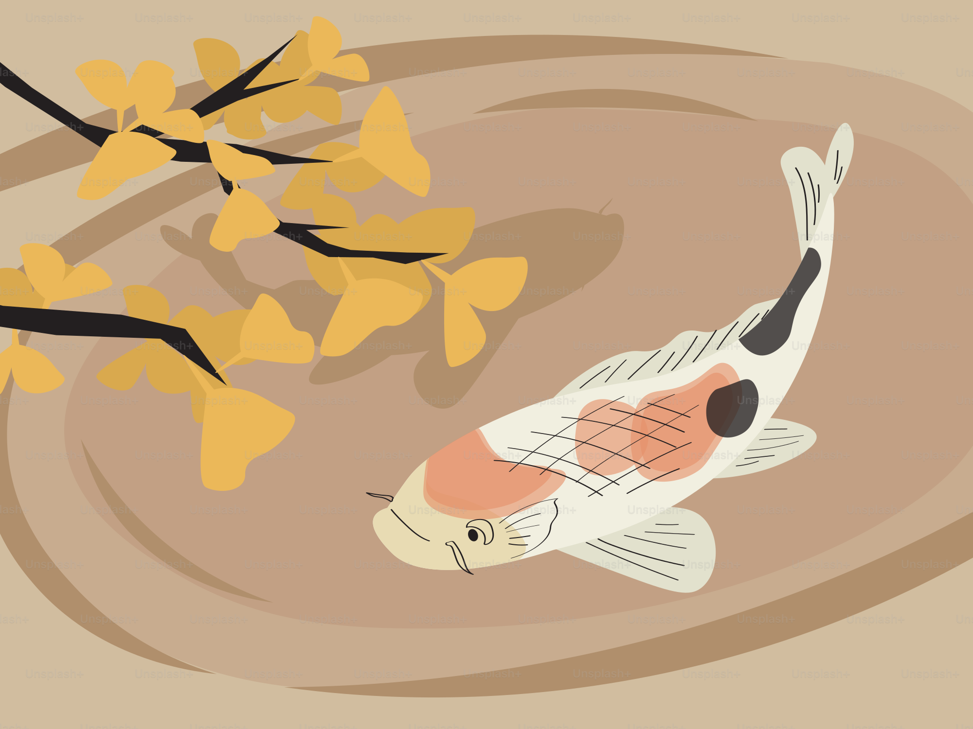 A koi fish swims near a branch with yellow leaves.