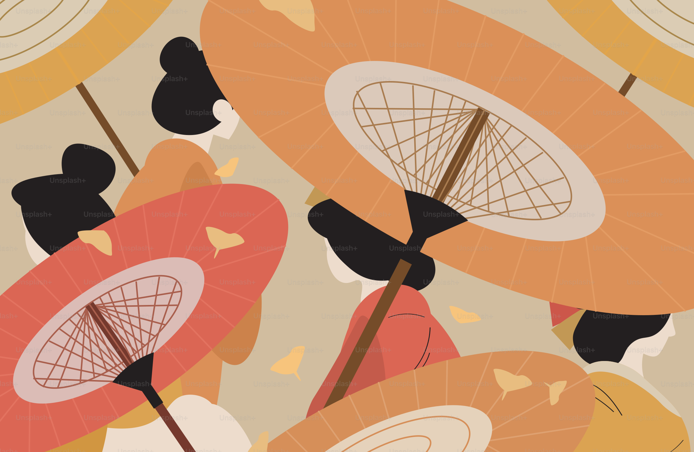 Women in kimonos holding colorful umbrellas