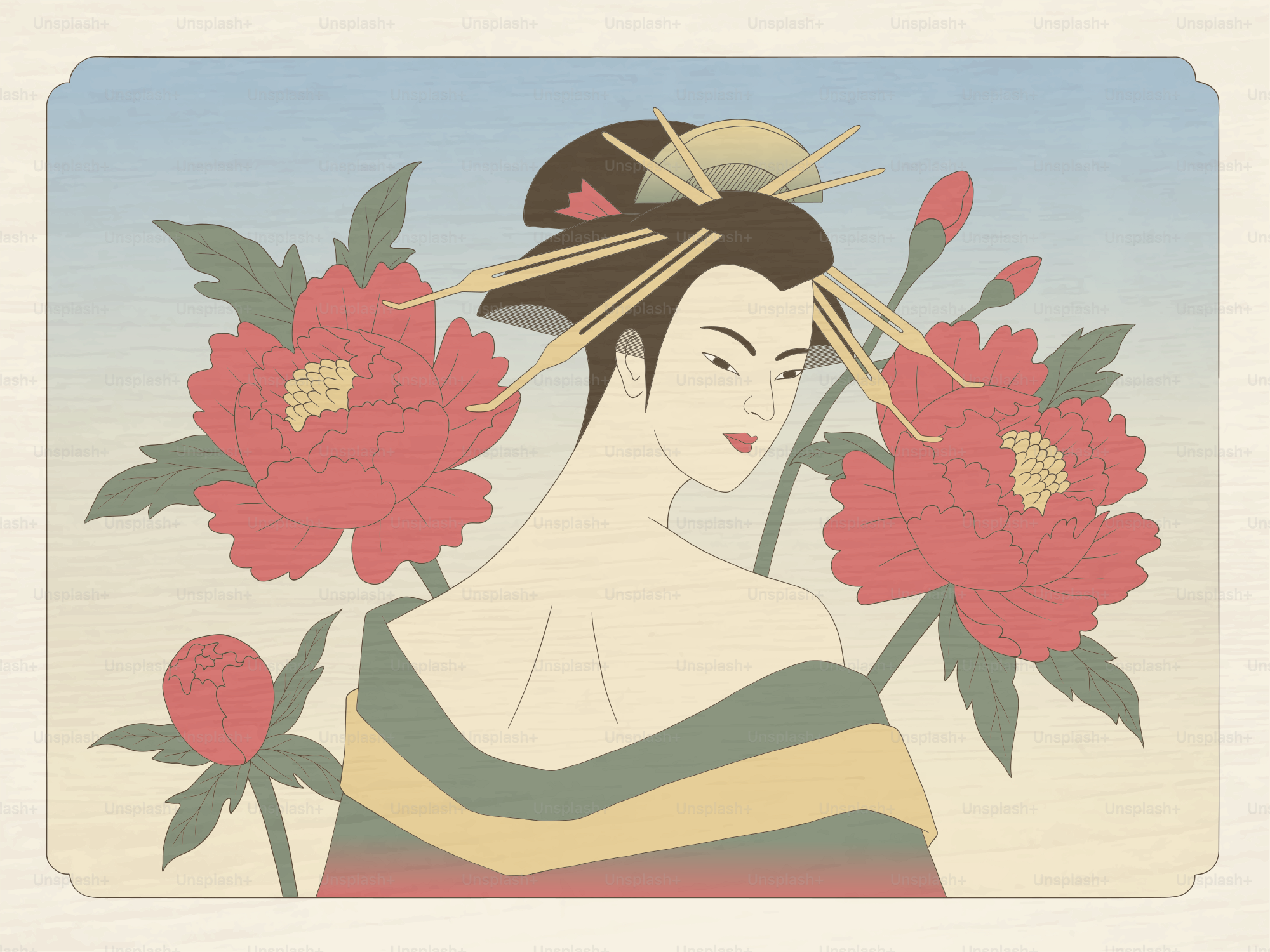 Woman in traditional japanese attire with red flowers