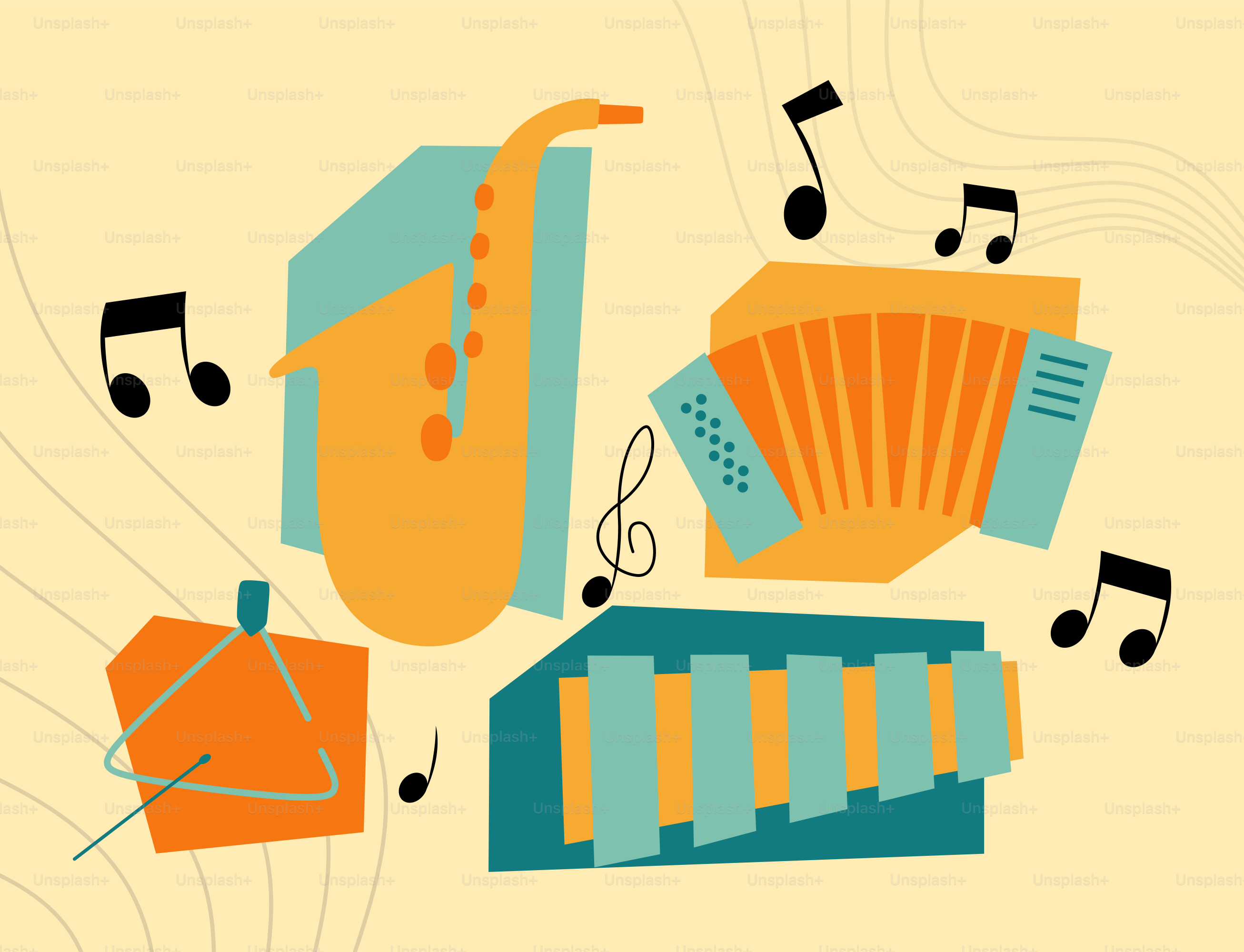 Instruments de musique et notes sur fond crème