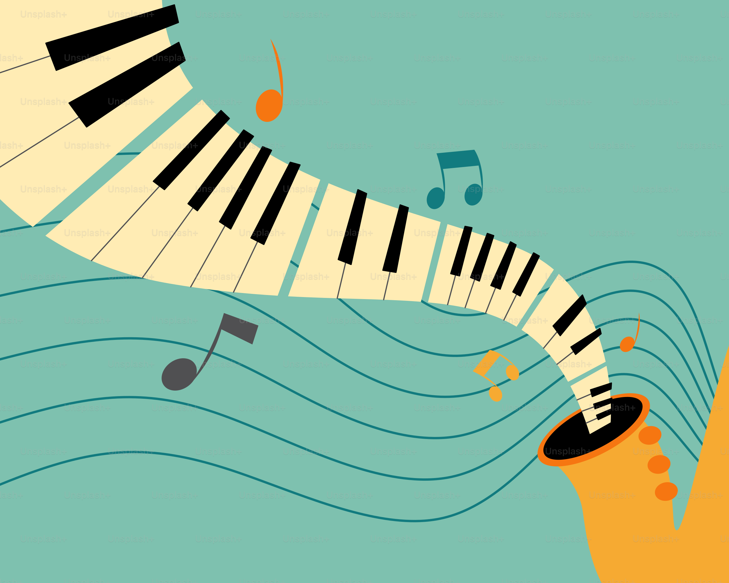Tasti del pianoforte che si inseriscono in un sassofono con note musicali