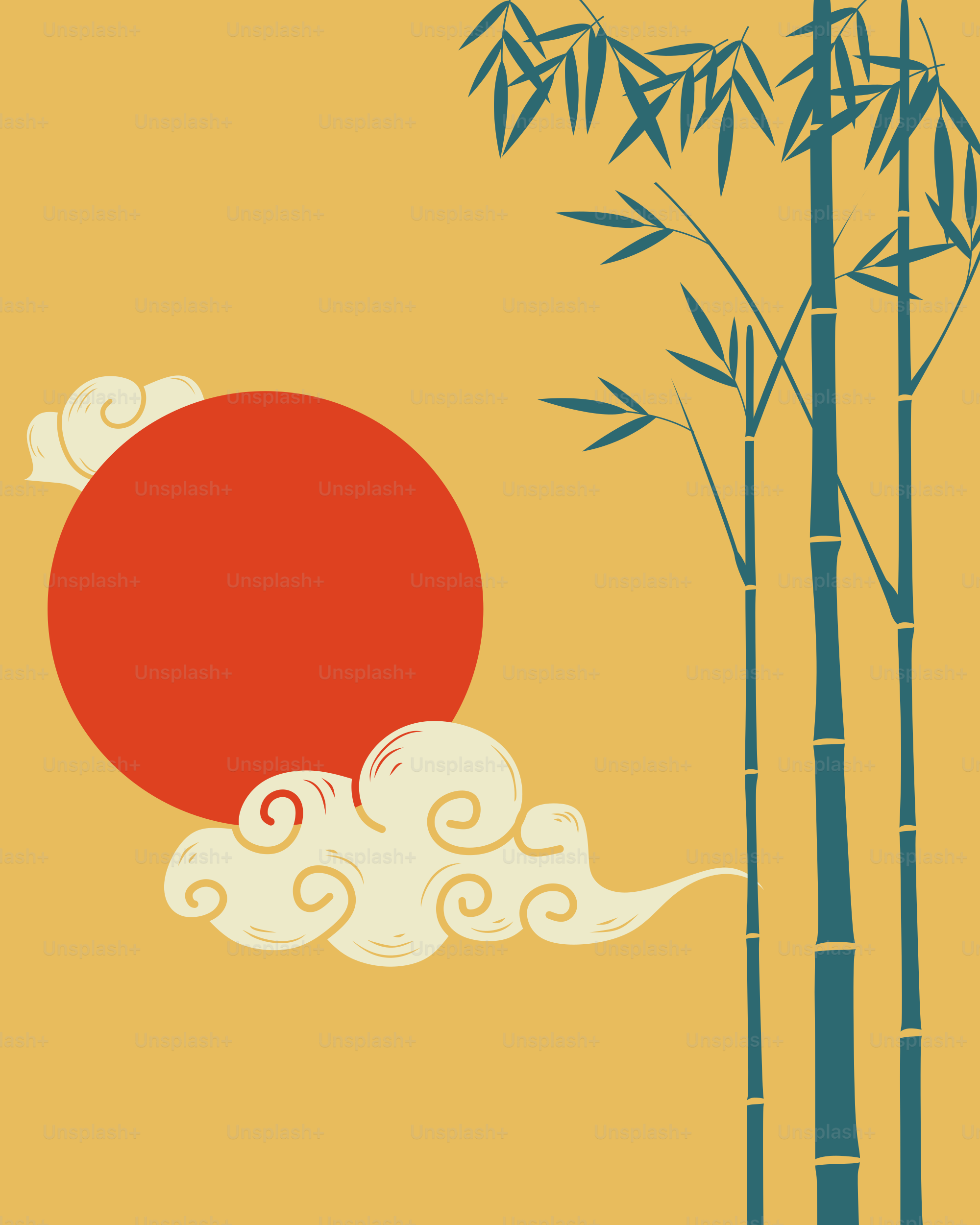 Red sun and bamboo with clouds on yellow background