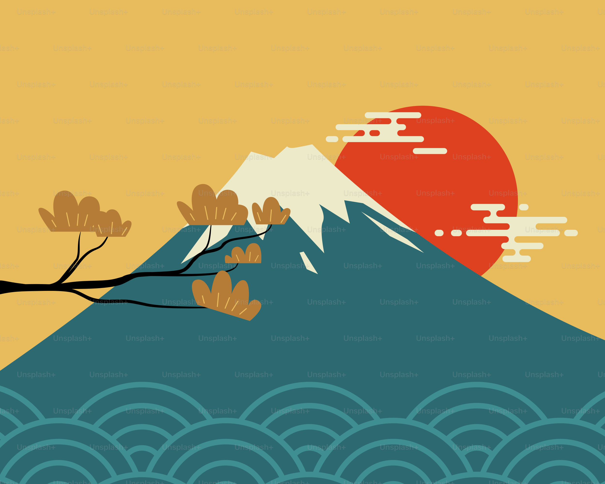 Stylized mount fuji with a red sun and clouds.