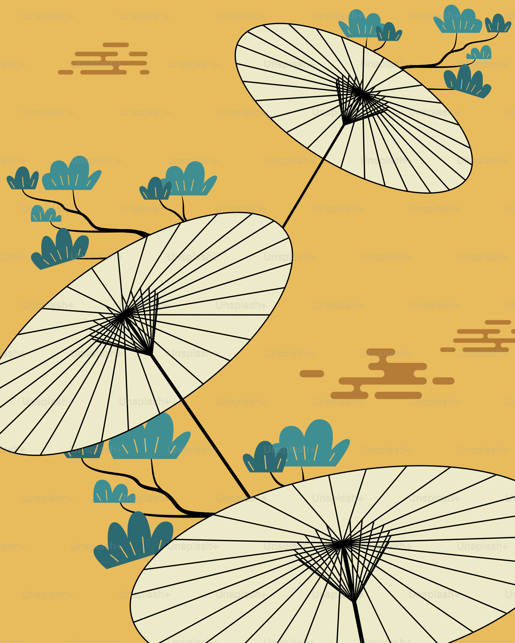 Three japanese umbrellas with branches and clouds