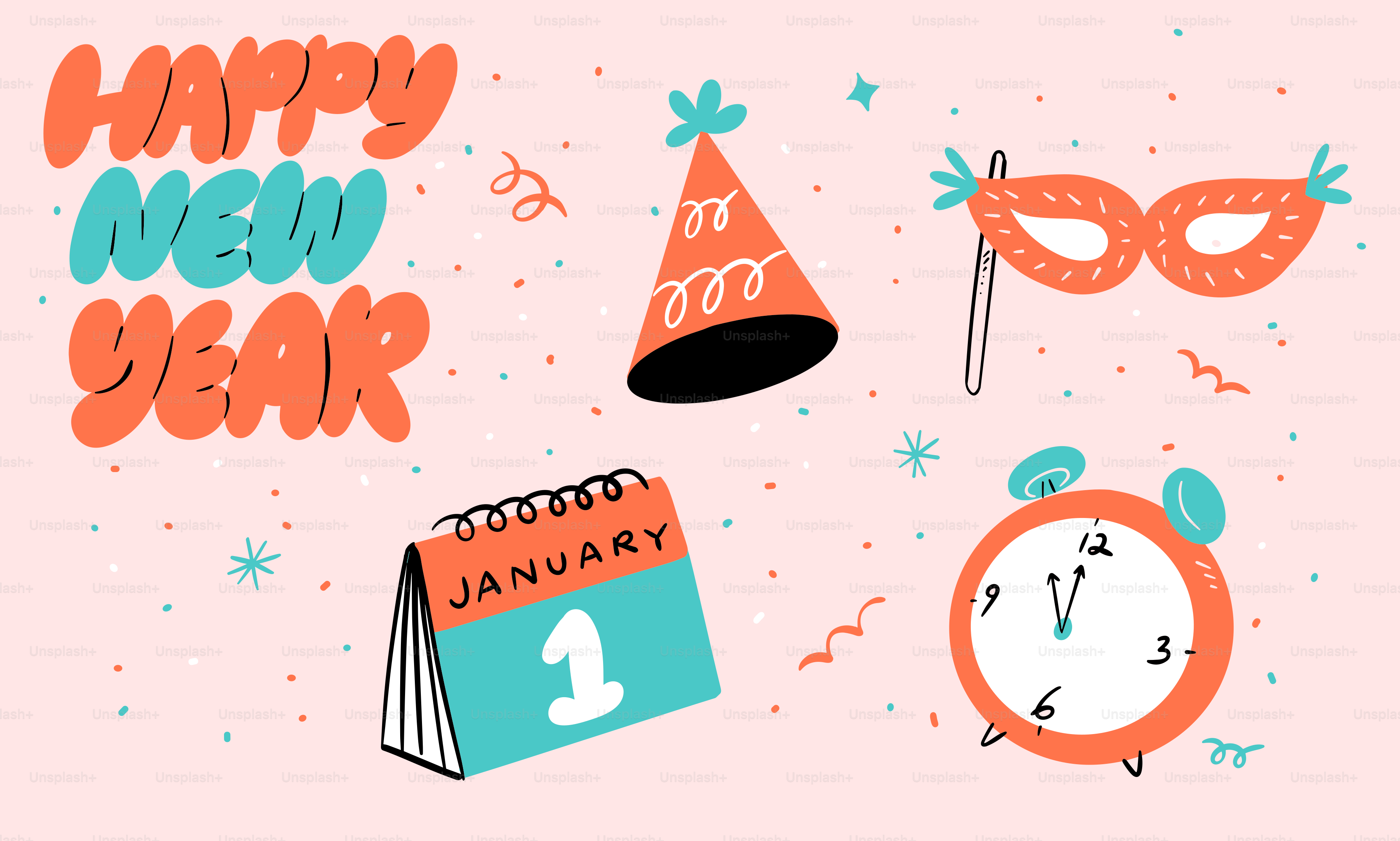 Feliz Año Nuevo con elementos festivos.