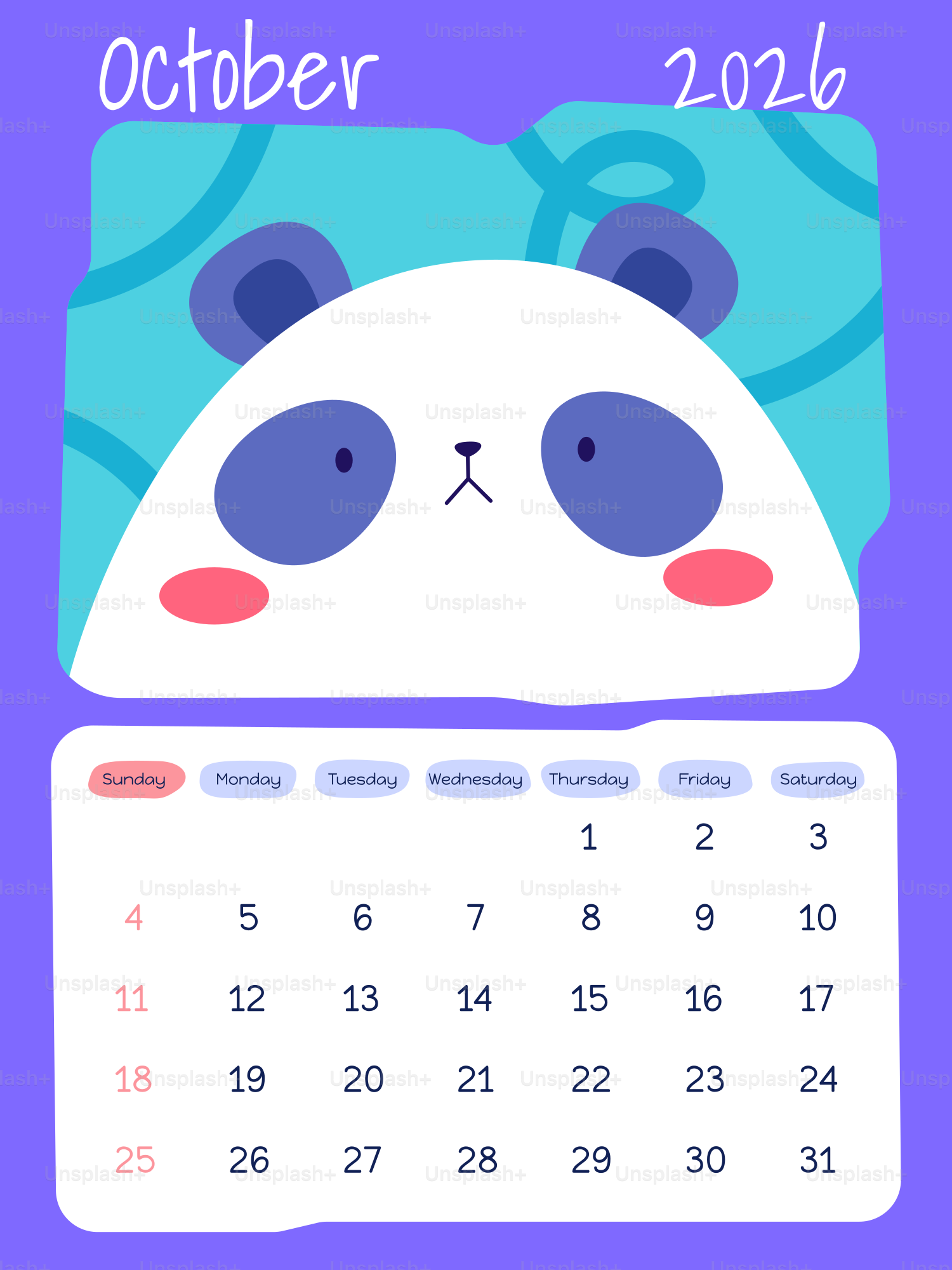 October 2026 calendar with a cute panda design