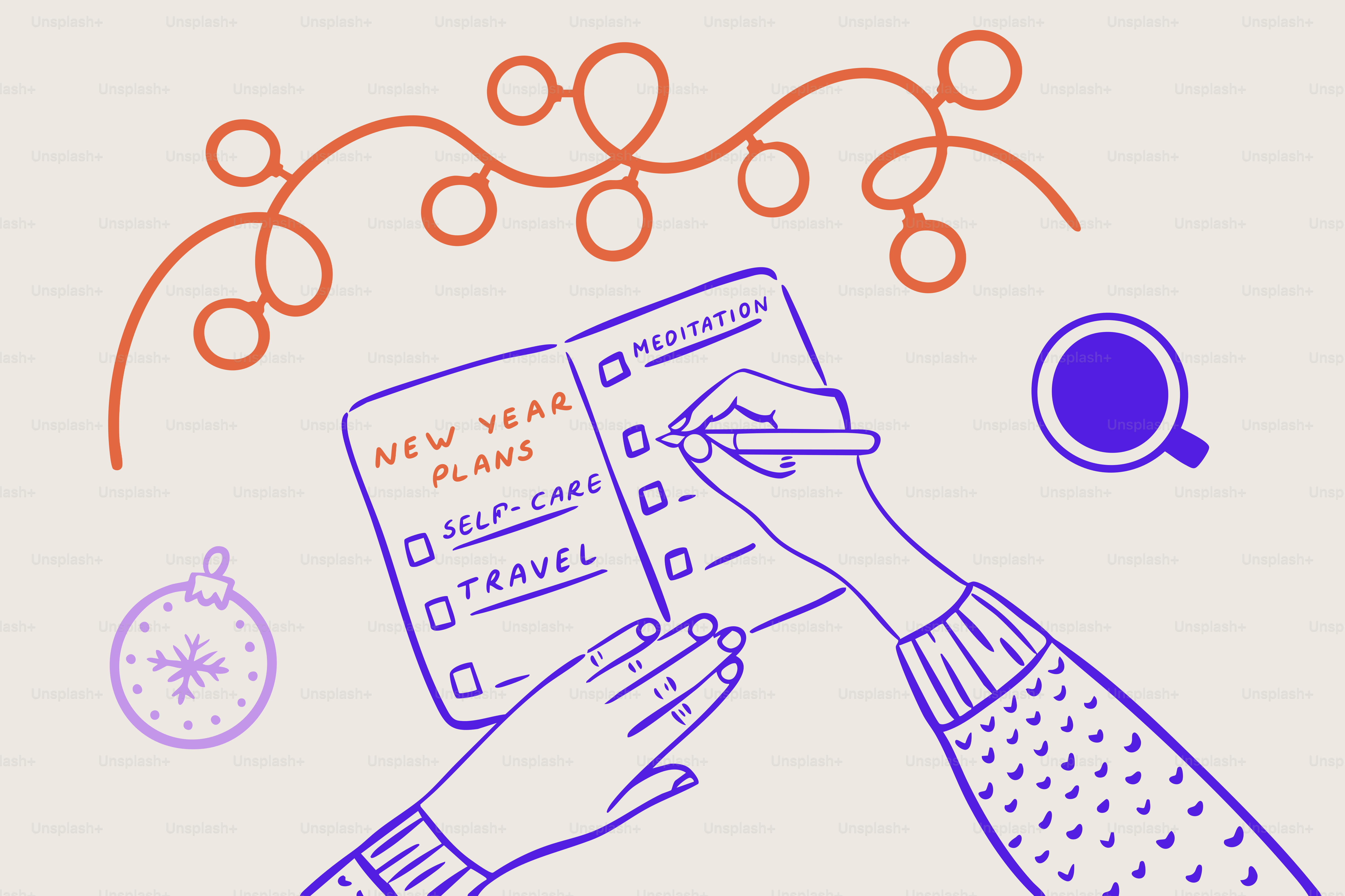 チェックリストに新年の計画を書き込む手。