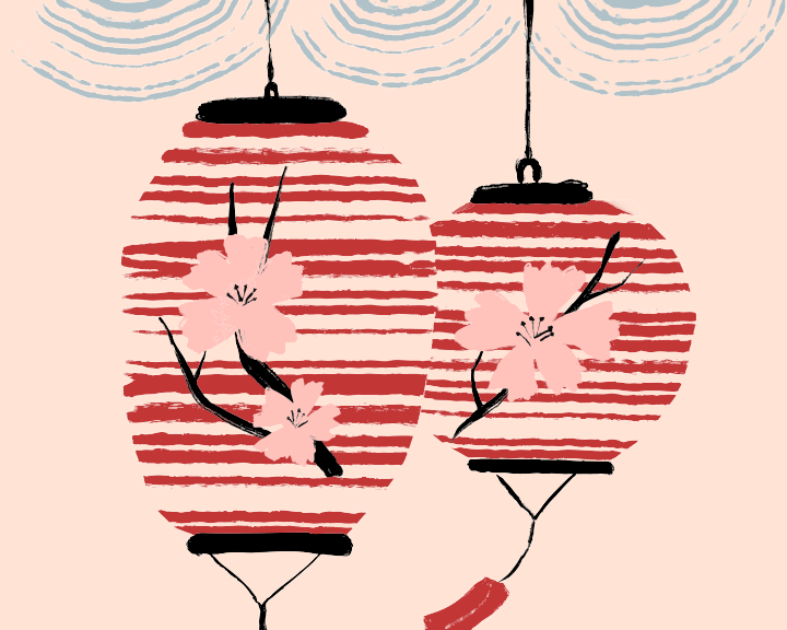 Two red lanterns with pink cherry blossoms hang.