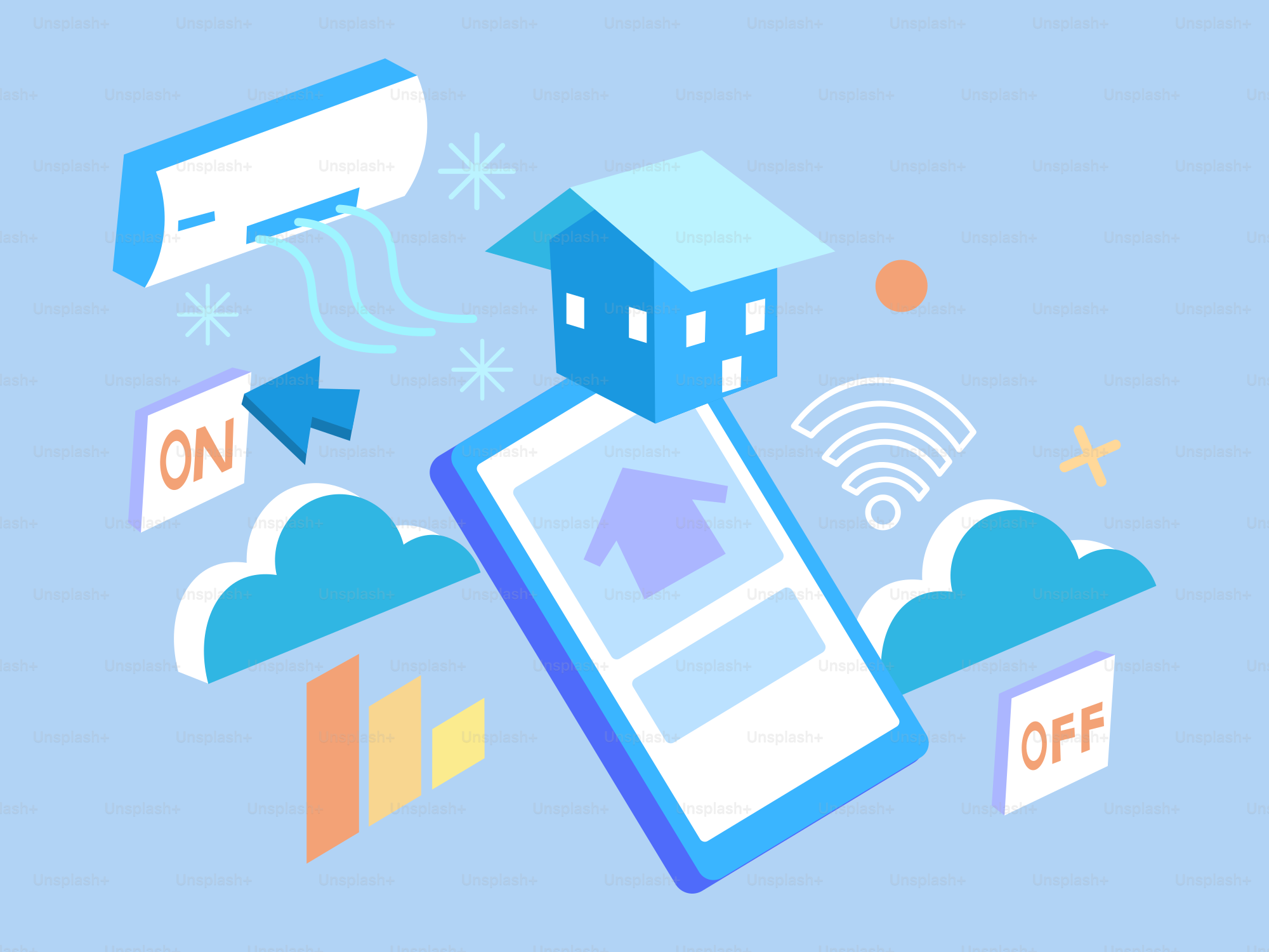 Smart-Home-Technologie mit Telefon und Klimaanlage.