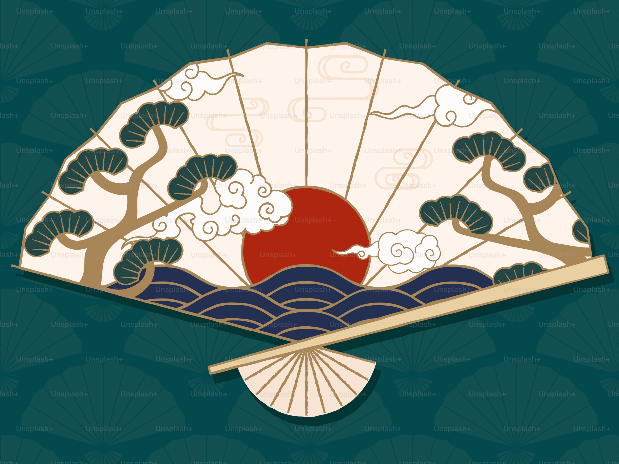 An ornate fan with a sunset over waves design.