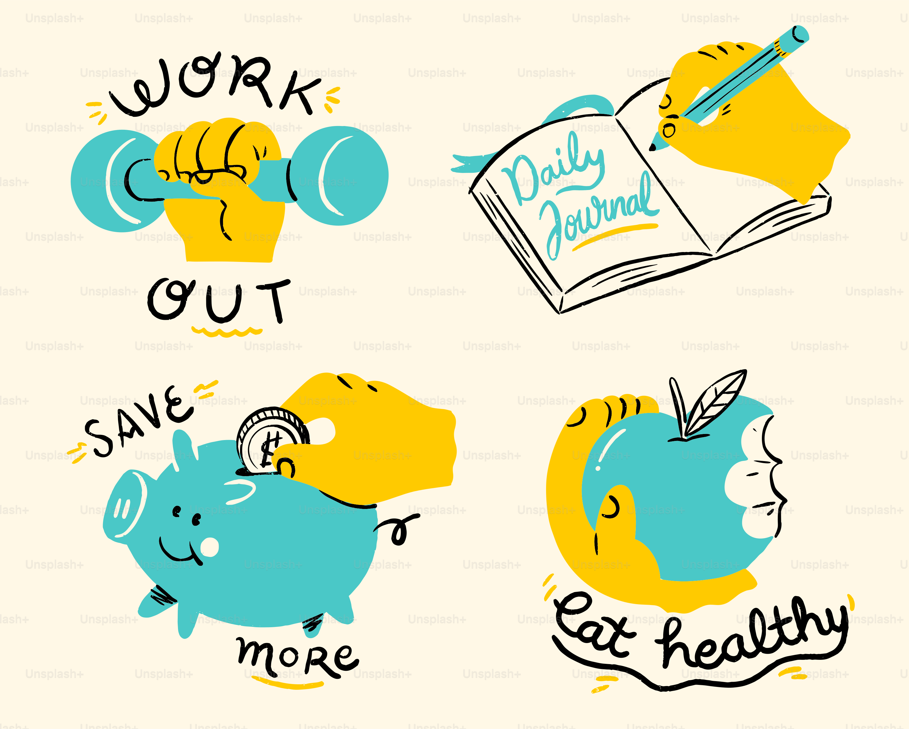 Four icons: workout, journaling, saving, and healthy eating.