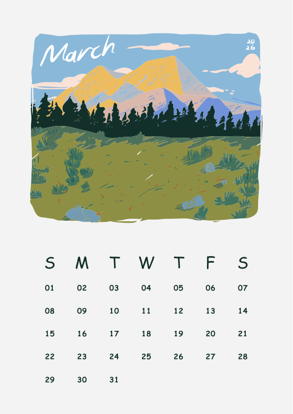 March calendar page with mountain landscape illustration