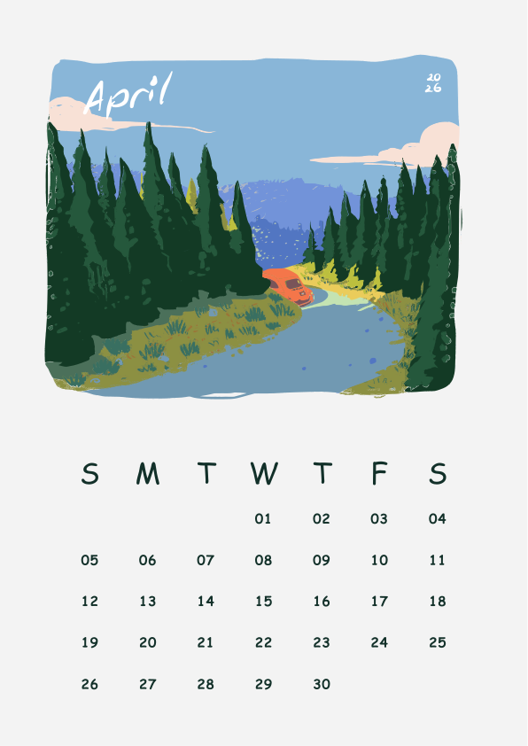 April calendar with forest and river illustration