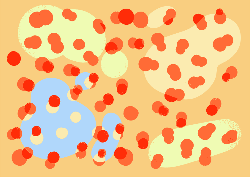 Abstract pattern of red dots on cream and blue shapes