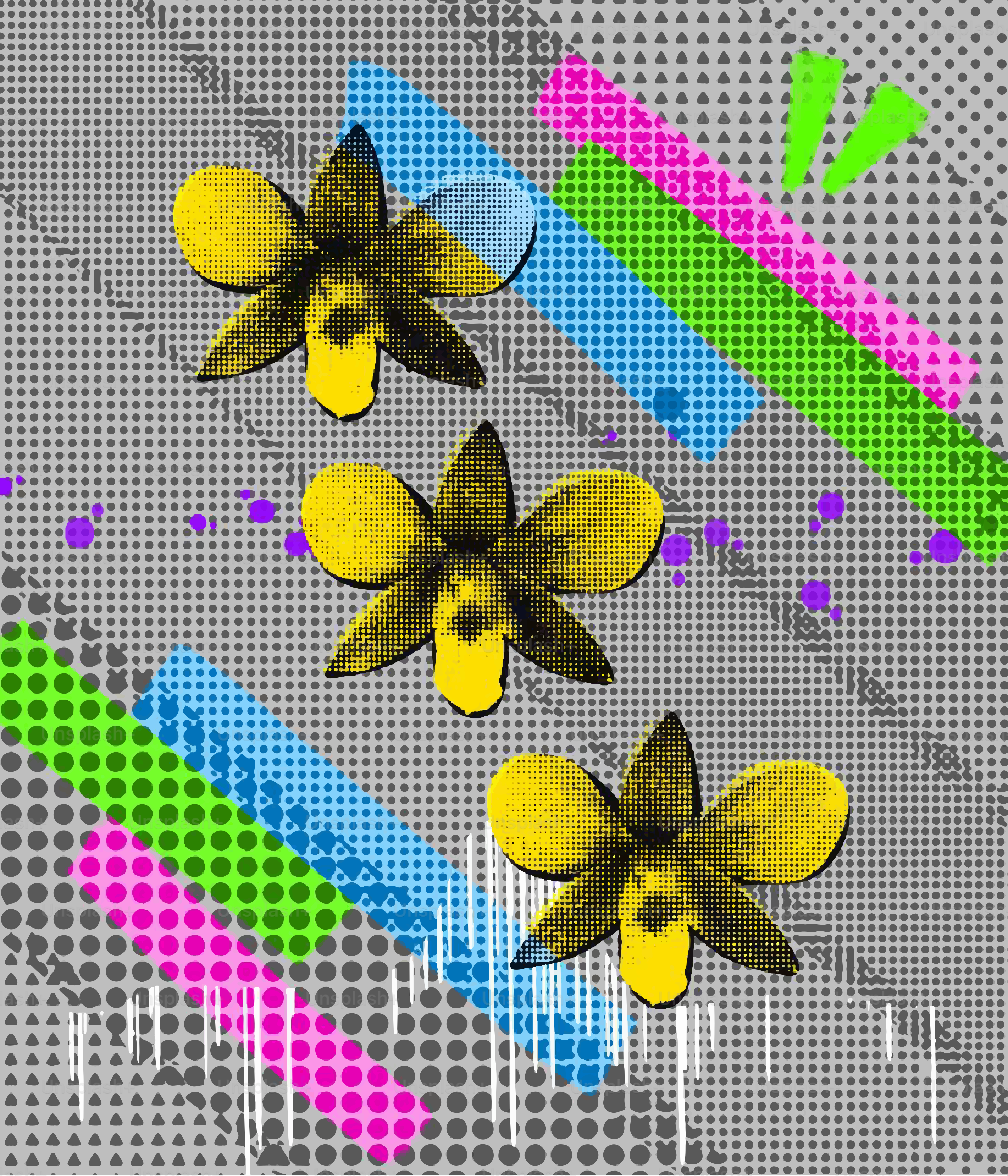 Drei gelbe Orchideen auf einem grauen, abstrakten Hintergrund.