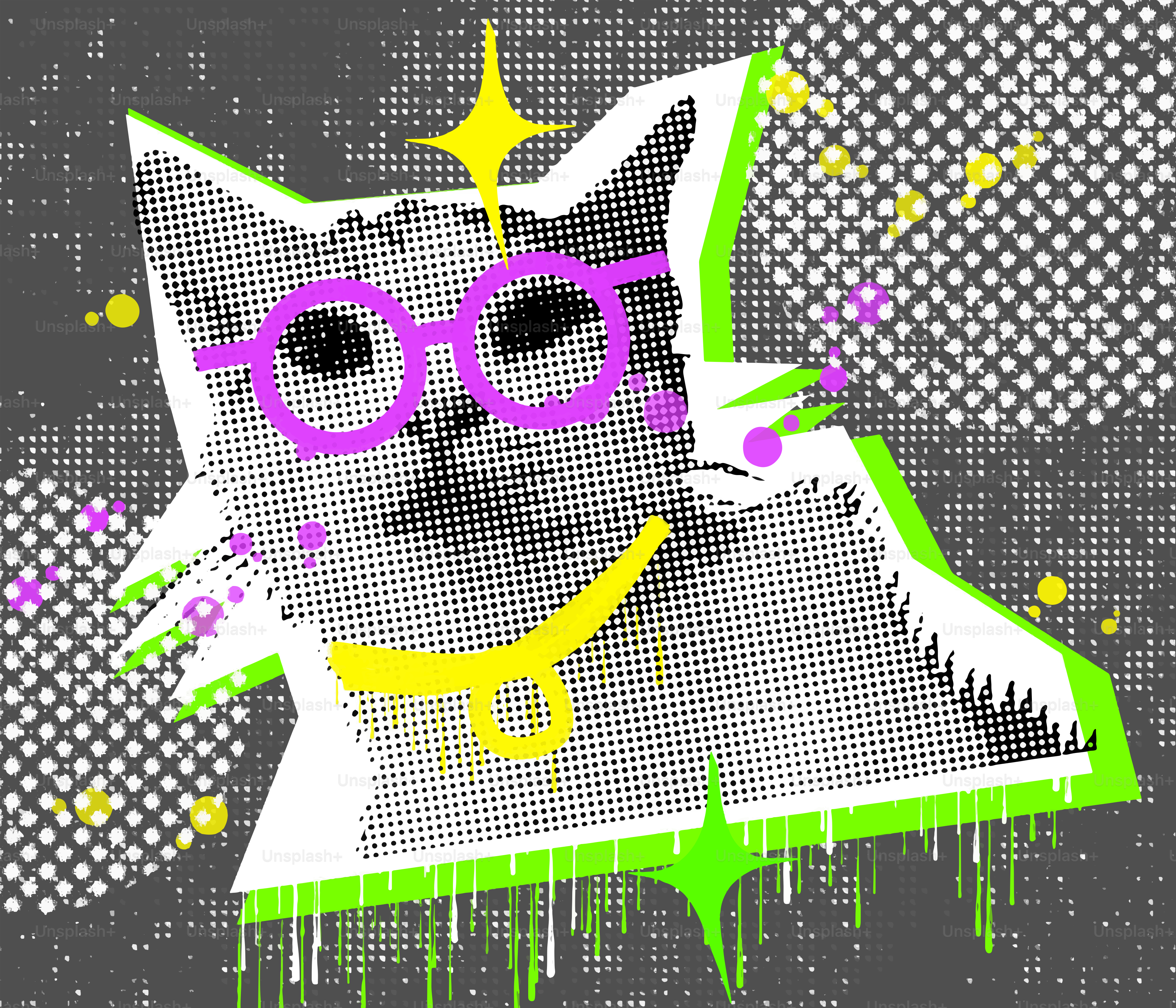 A stylized cat with glasses and a collar.
