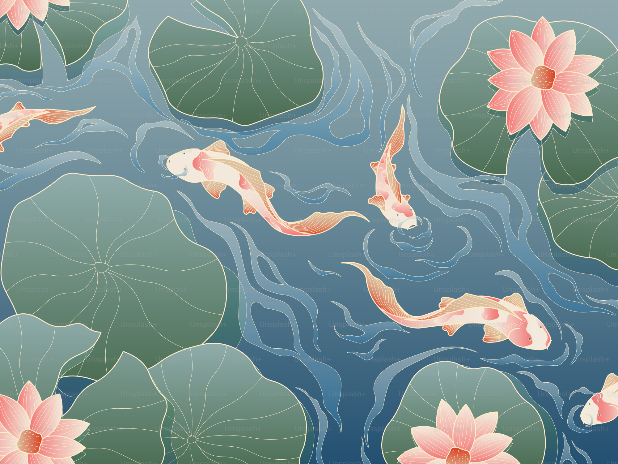 Koi fish swim among lily pads and flowers.