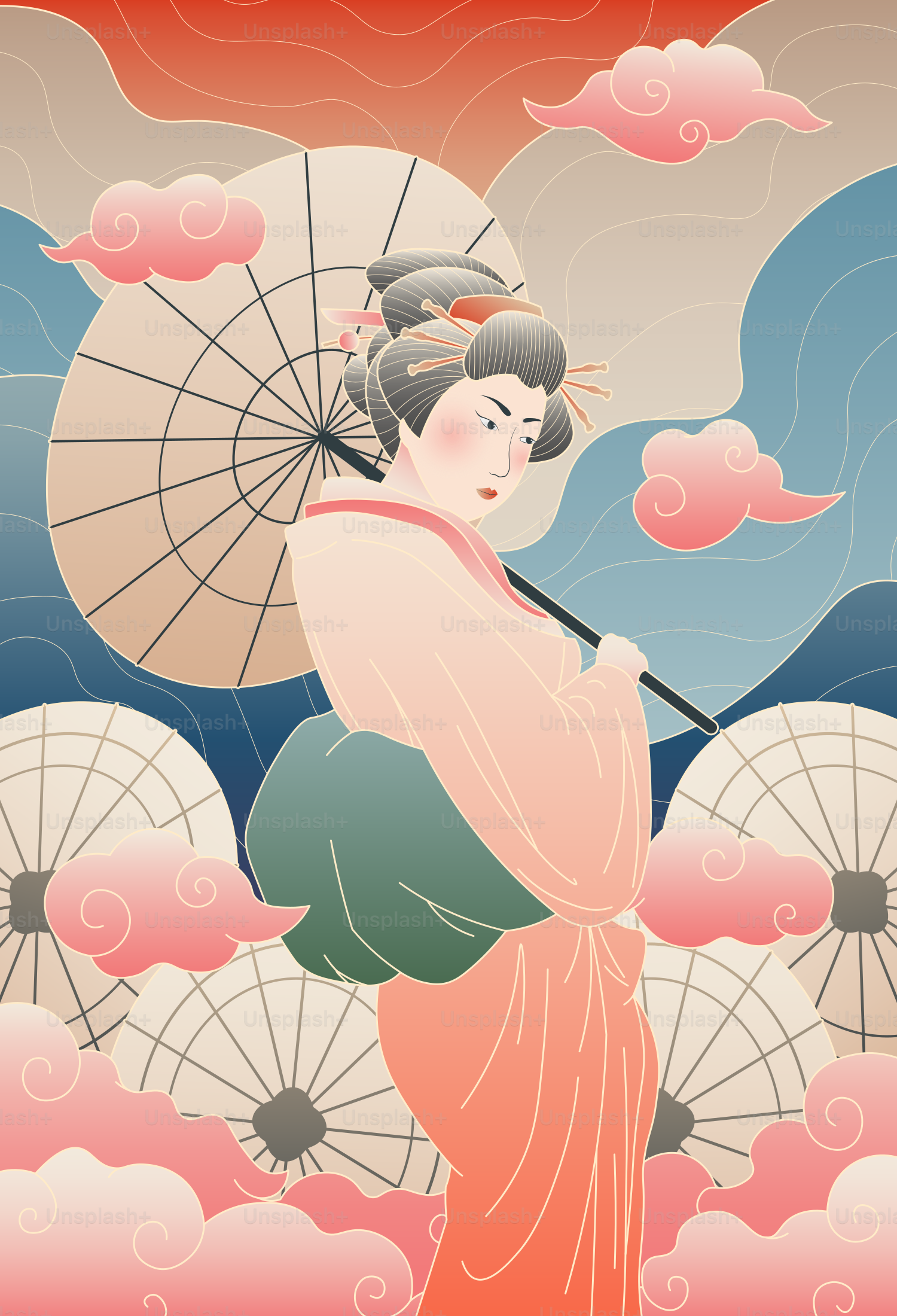 Geisha holding umbrella amidst clouds and parasols
