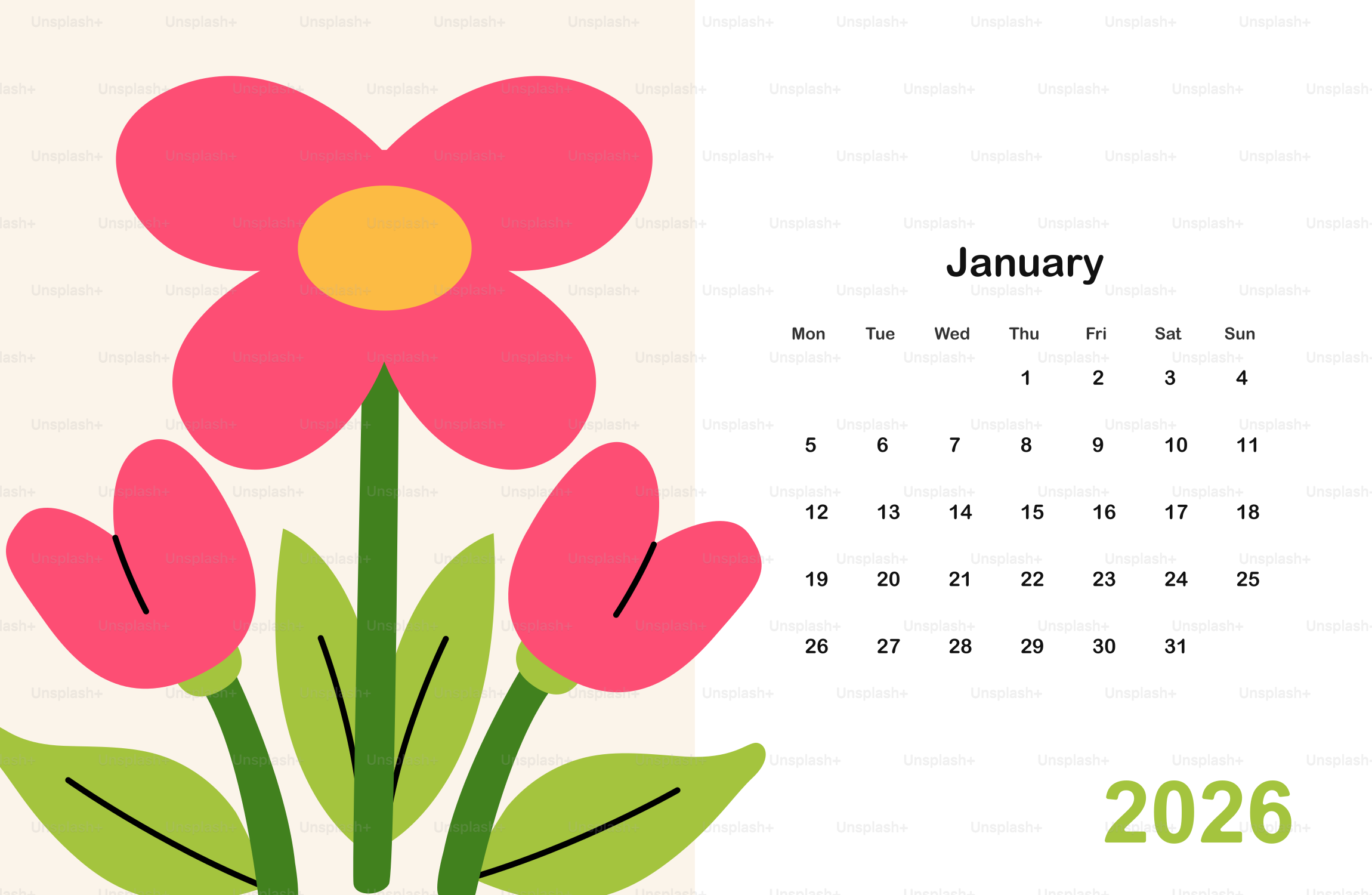 Tulipani rosa stilizzati e calendario marzo 2026 vettoriale – Immagine ...