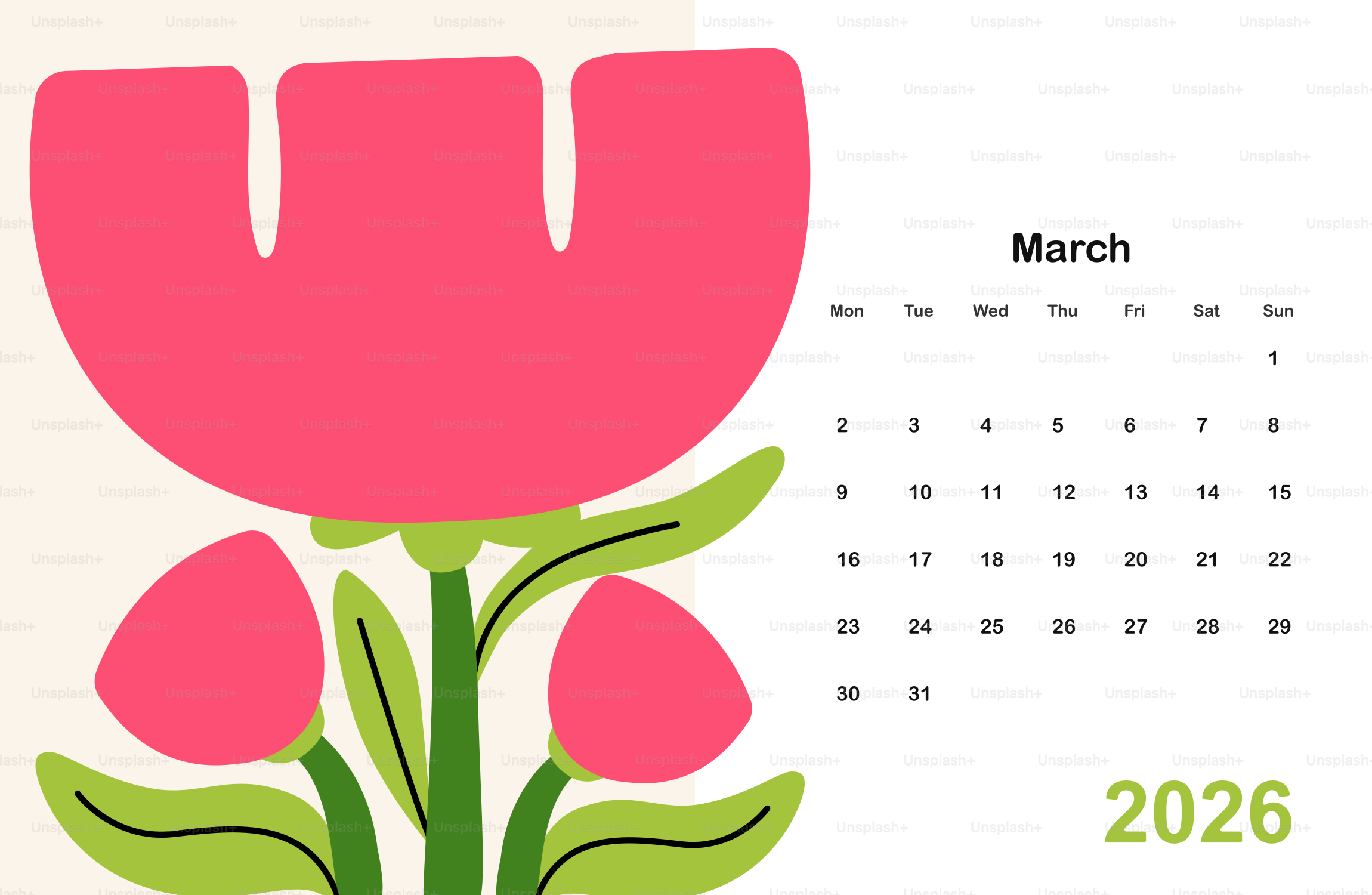 Tulipani rosa stilizzati e calendario marzo 2026 vettoriale – Immagine ...