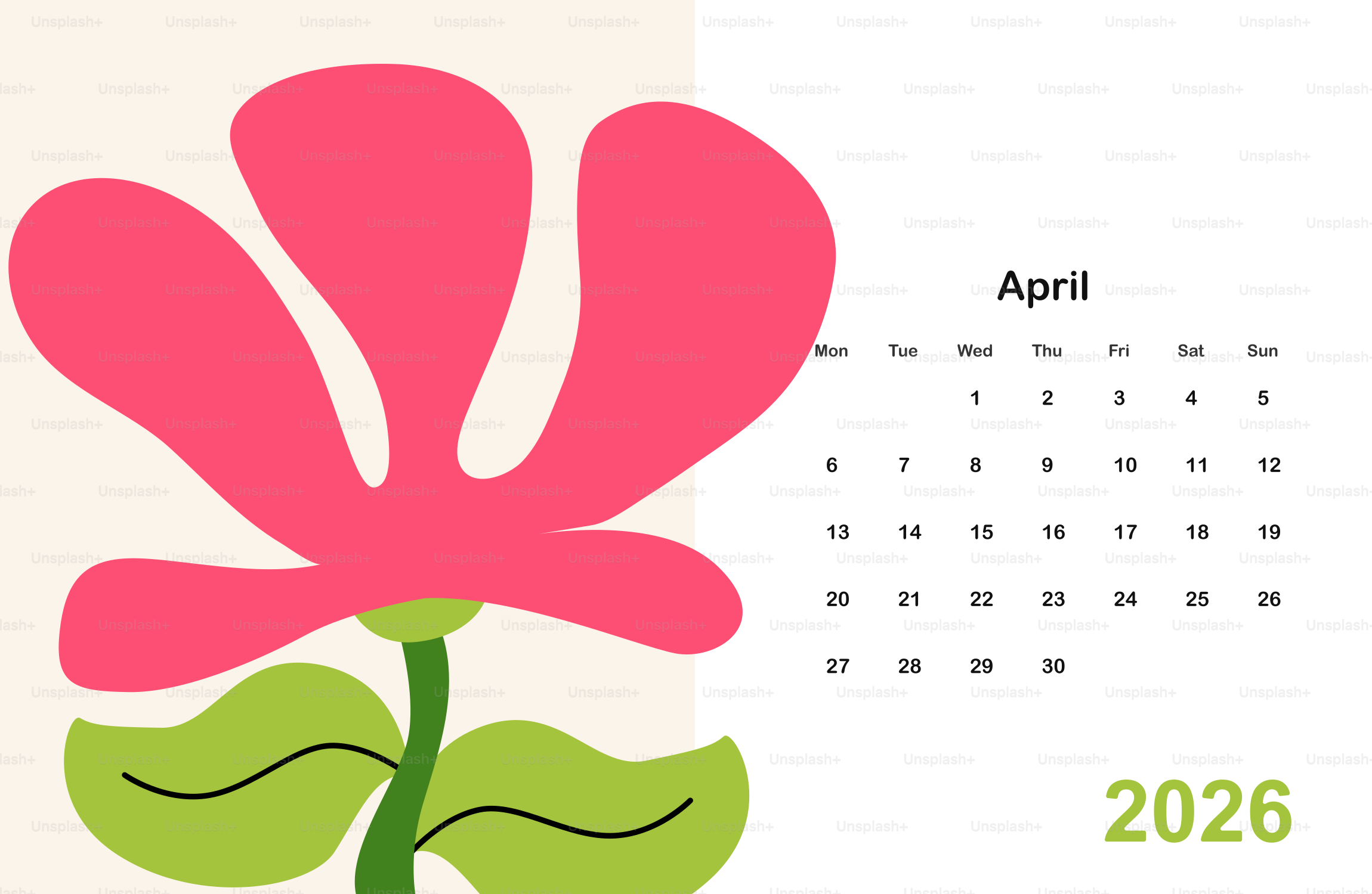 Abstract pink flower with calendar for april 2026